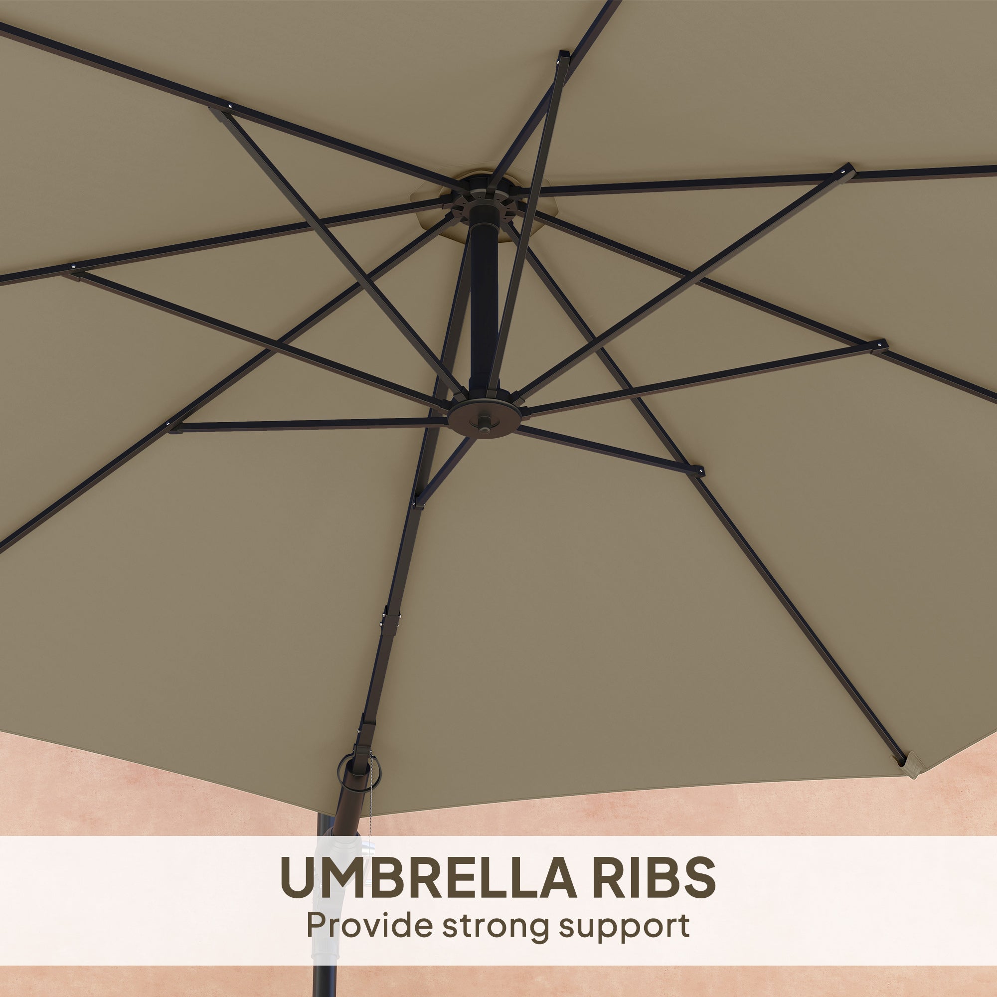 Outsunny 3(m) Wall-Mounted Parasol Shade, with Handle - Khaki - North Peak Garden Furniture