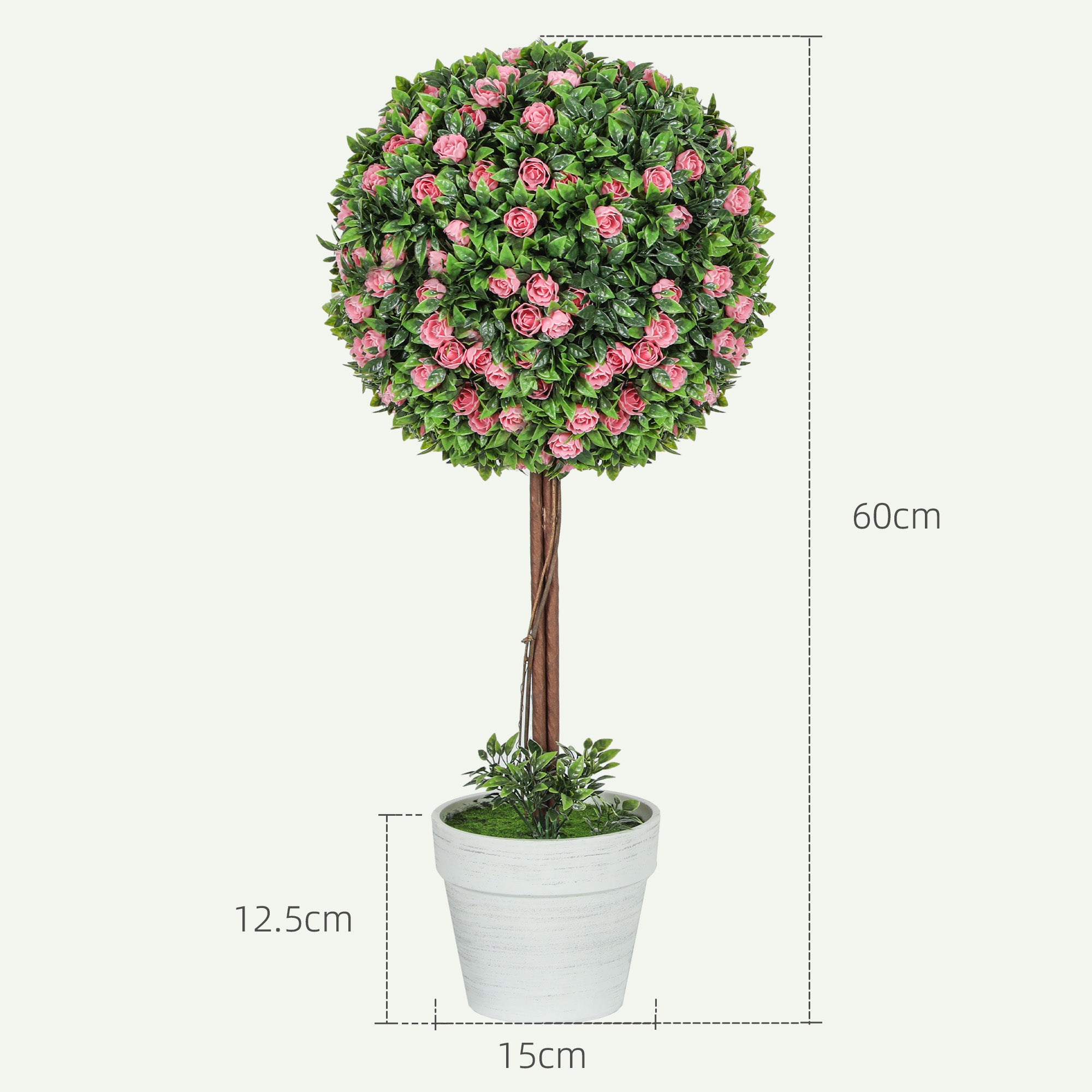 HOMCOM Set of 2 Decorative Artificial Plants, Ball Topiary Tree with Rose Flower in Pot, Fake Plants for Home Indoor Outdoor Decor, 60cm, Pink - North Peak Garden Furniture
