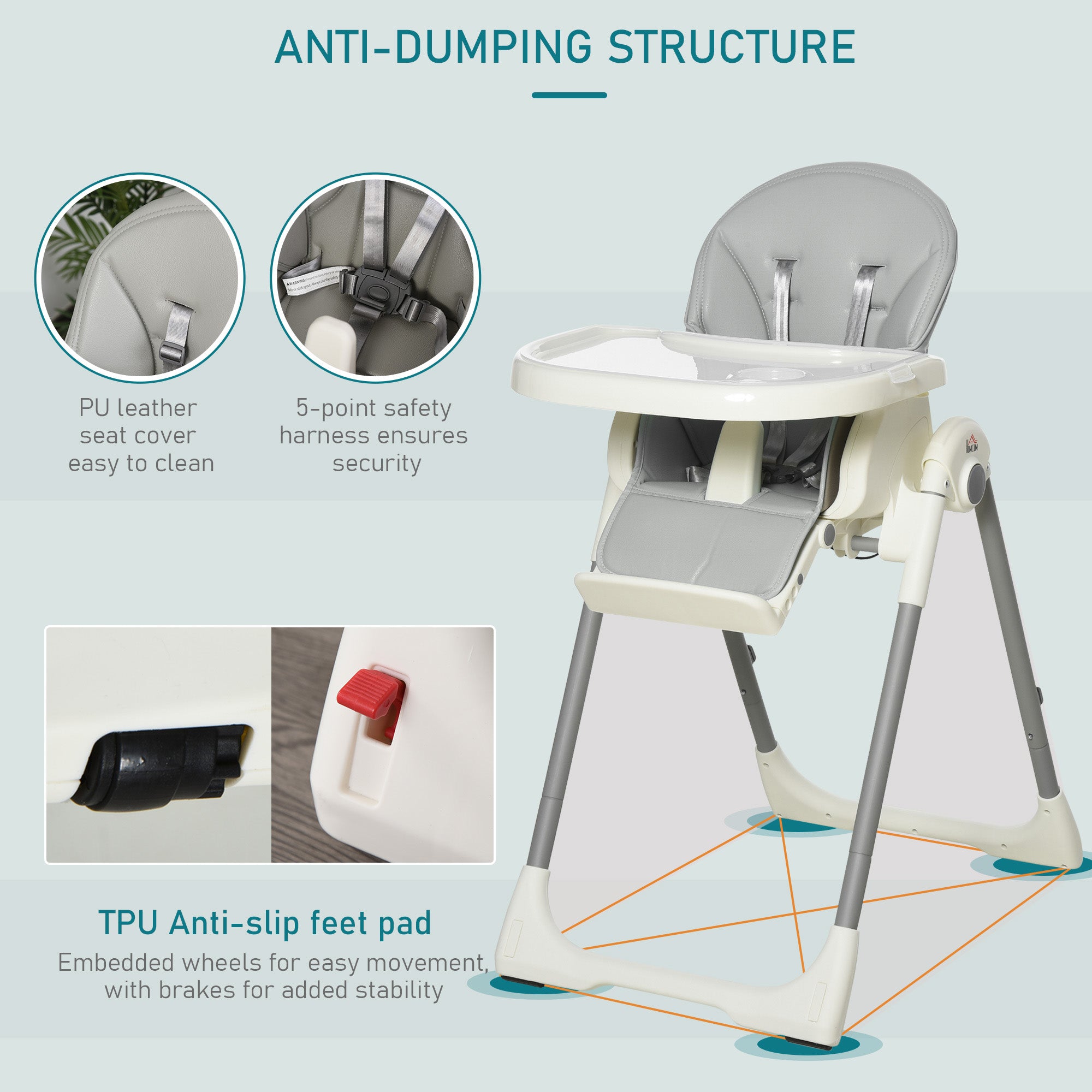 HOMCOM Foldable Baby High Chair Convertible Feeding Chair Height Adjustable with Adjustable Backrest Footrest and Removable Tray 5 Point Safety Harness for Kids 6 - 36 Months Grey