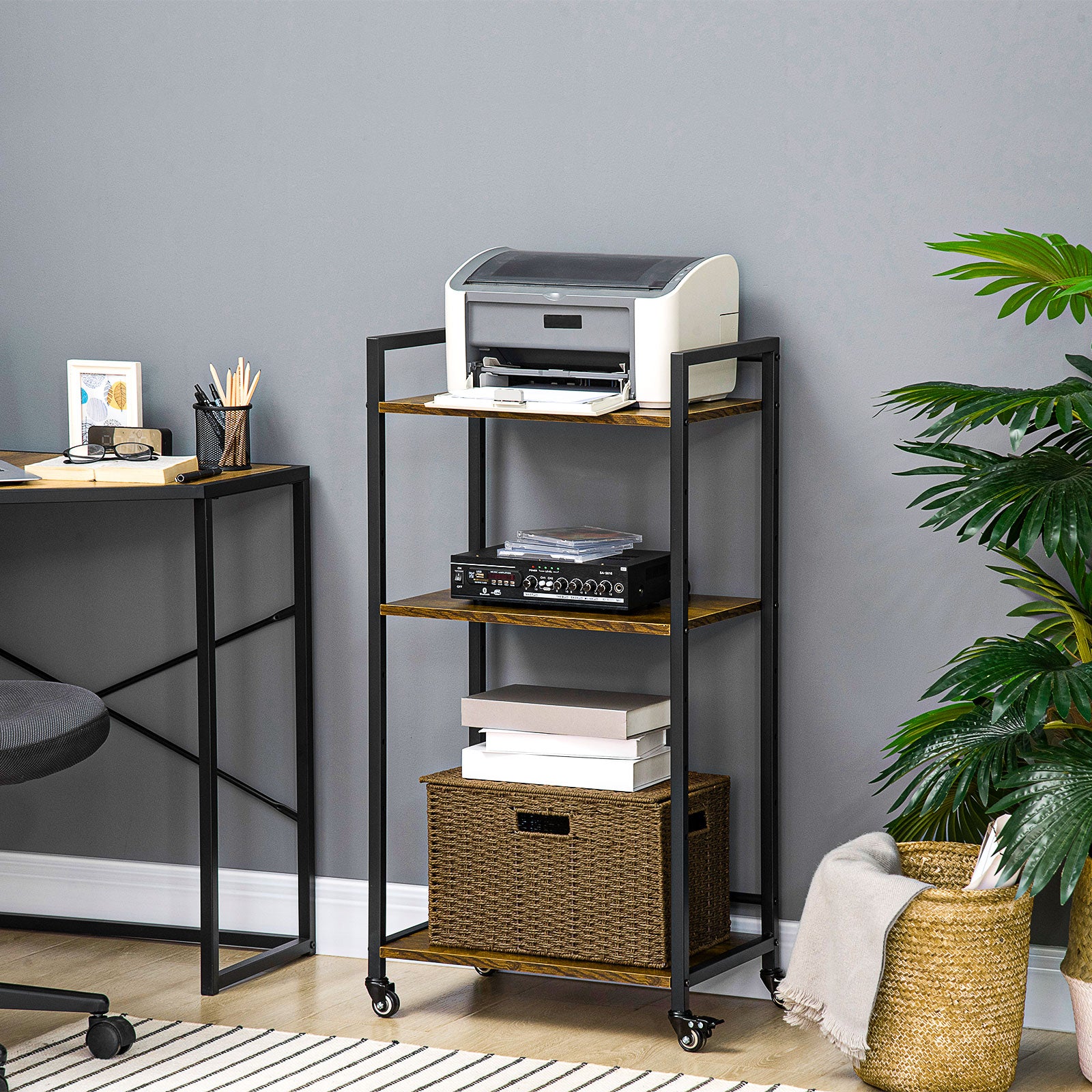 HOMCOM 3-Tier Printer Stand, Utility Cart, Rolling Trolley with Adjustable Shelves with Lockable Wheels for Home Office, Rustic Brown - North Peak Garden Furniture