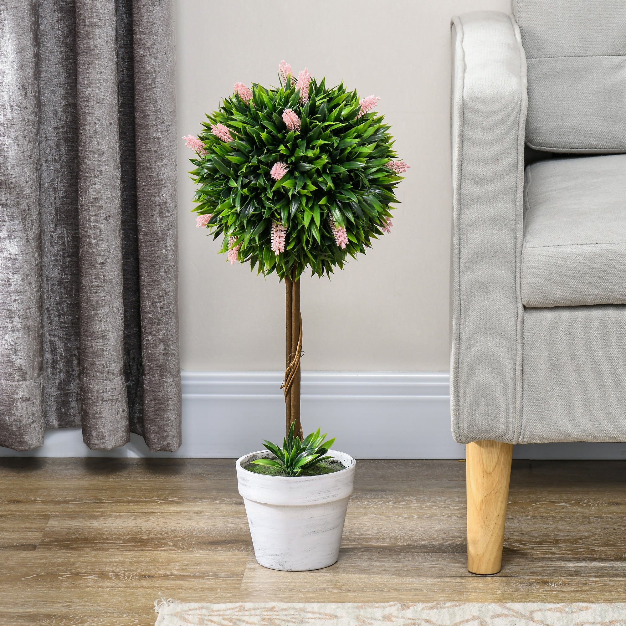 HOMCOM Set of 2 Decorative Artificial Plants Ball Trees with Flower for Home Indoor Outdoor Decor, 60cm ,Pink - North Peak Garden Furniture