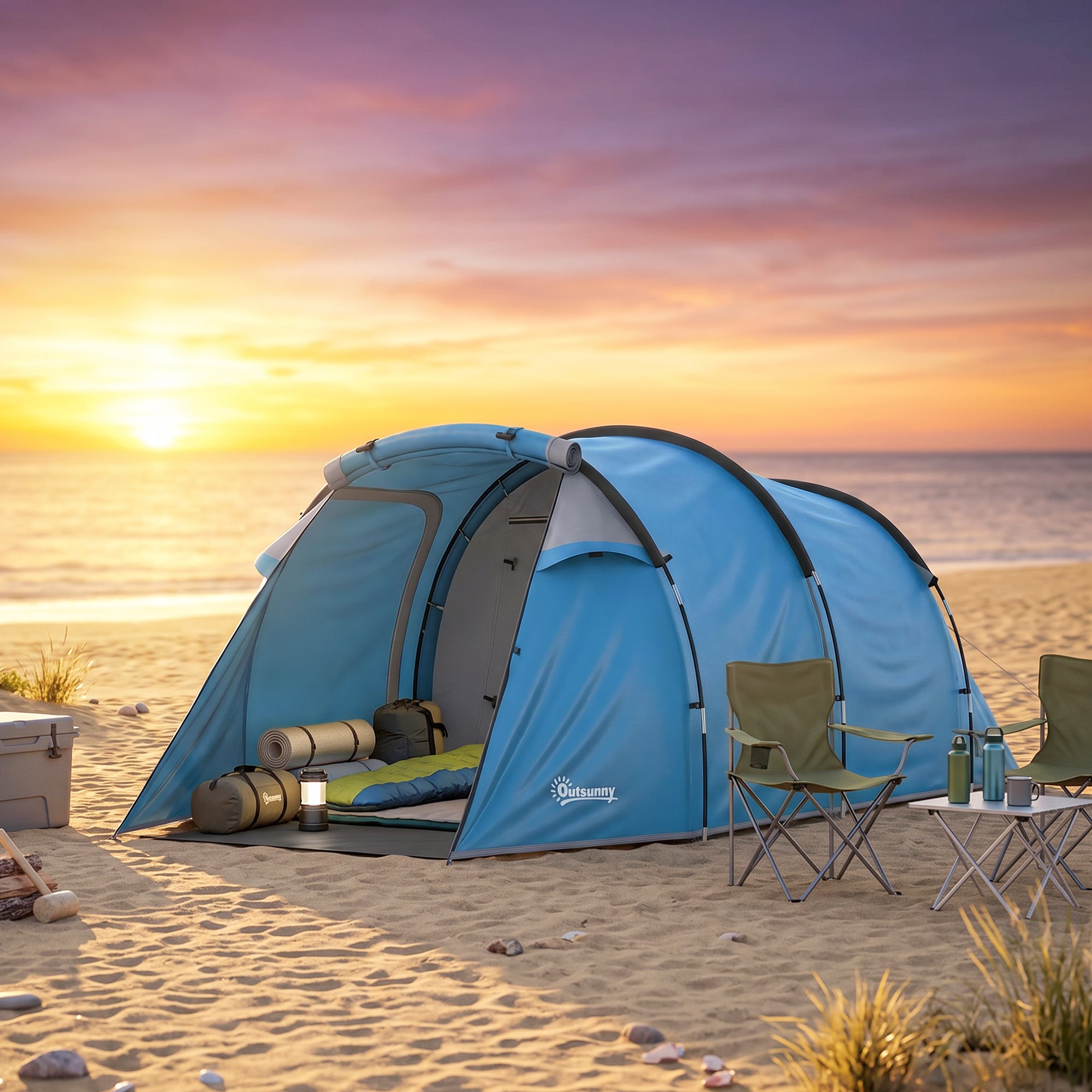 Outsunny 2-3 Man Tunnel Tents w/ Vestibule Camping Tent Porch Air Vents Rainfly Weather-Resistant Shelter Fishing Hiking Festival Shelter Home