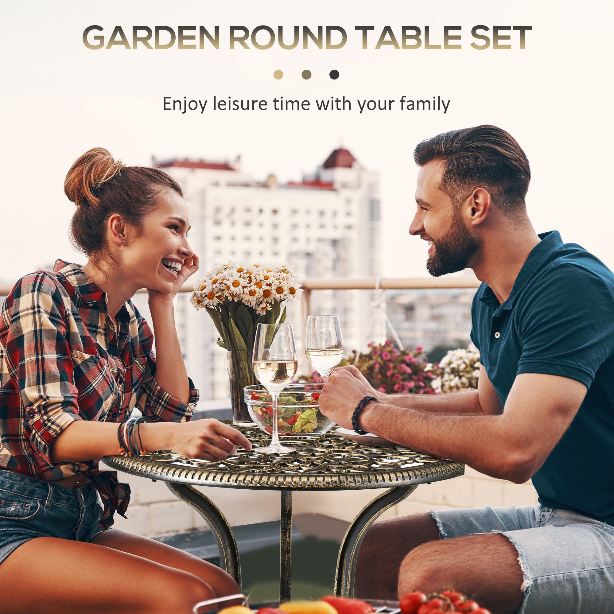 Outsunny 3 Piece Cast Aluminium Garden Bistro Set for 3 with Parasol Hole, Outdoor Coffee Table Set, Two Armless Chairs and Round Coffee Table for Balcony, Patio, Bronze - North Peak Garden Furniture