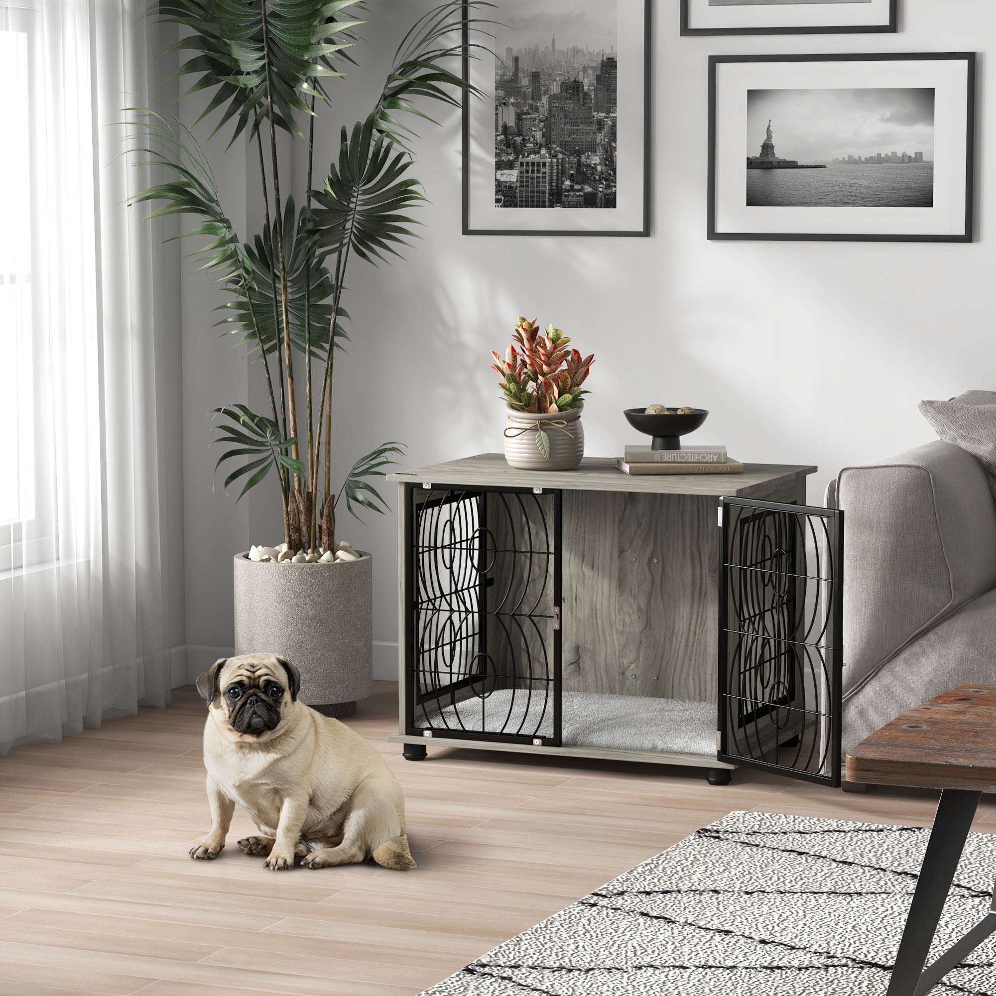 PawHut Indoor Dog Crate Furniture End Table w/ Plush Washable Cushion, Lockable Door, for Medium Dogs - North Peak Garden Furniture