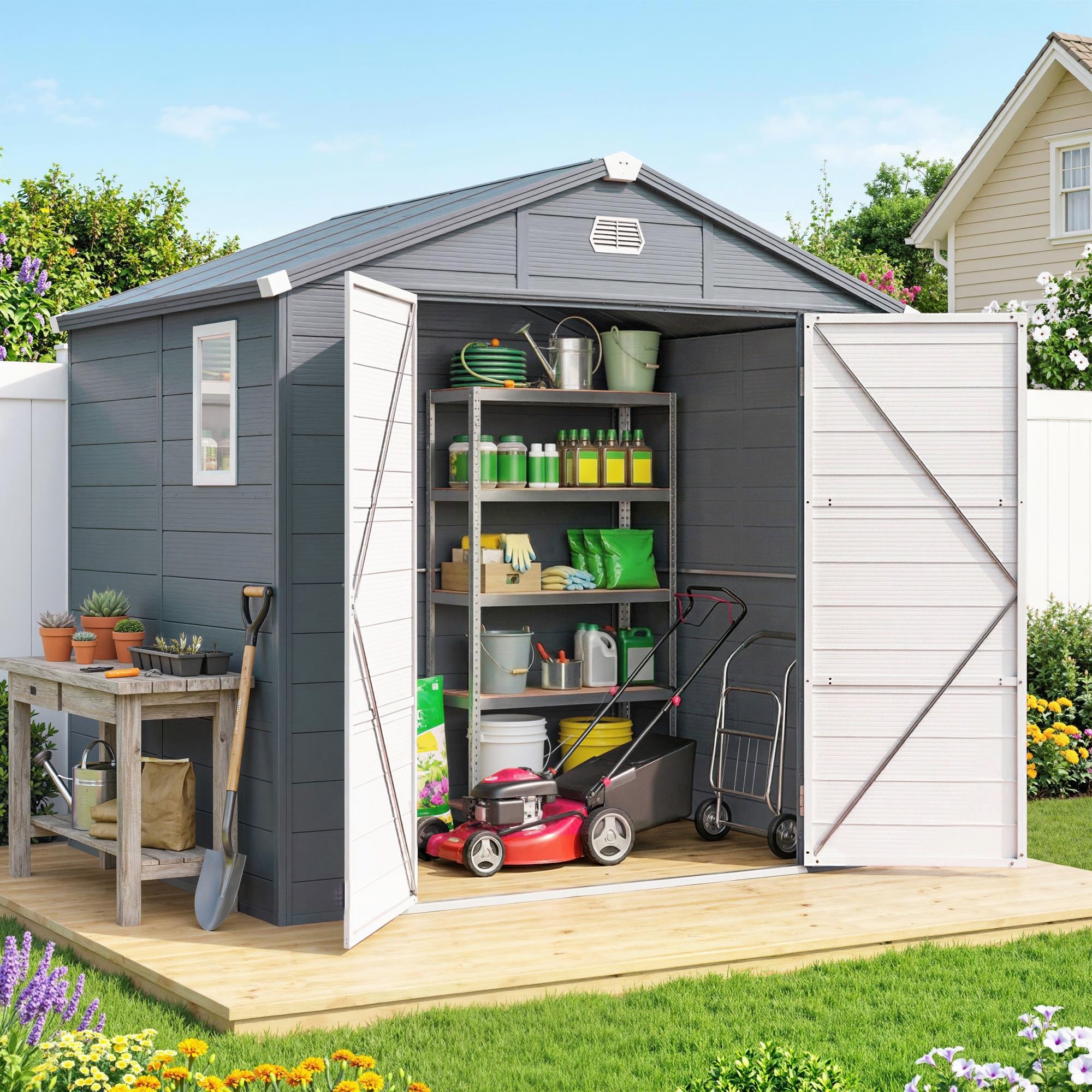 Outsunny 7.9ft x 6.2ft Aluminium Frame and Plastic Wall Shed, with Foundation - Grey