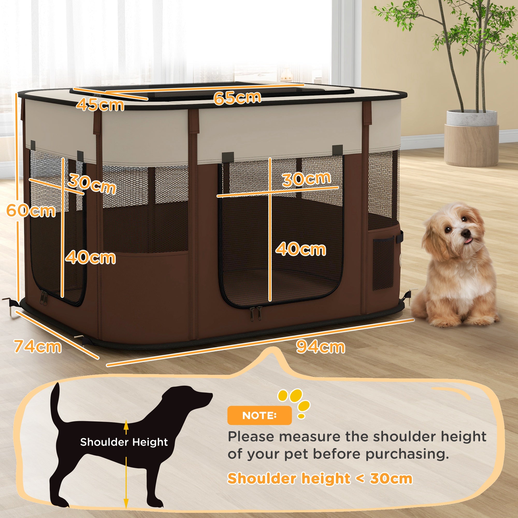 PawHut Foldable Dog Pen with Storage Bag for Indoor/Outdoor Use, Portable Pet playpen, with Ground Stakes - Brown - North Peak Garden Furniture