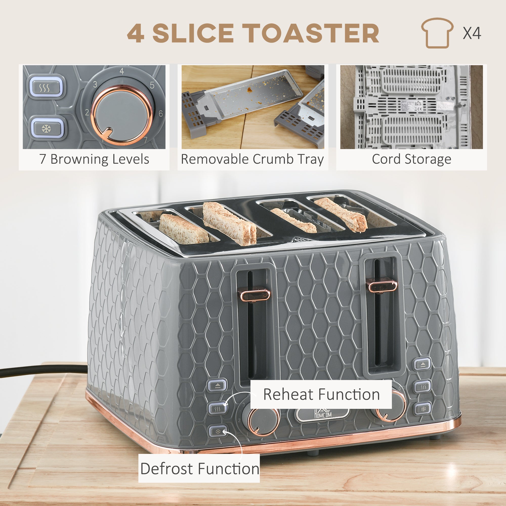 HOMCOM 1.7L 3000W Fast Boil Kettle & 4 Slice Toaster Set, Kettle and Toaster Set with 7 Browning Controls, Crumb Tray, Grey - North Peak Garden Furniture