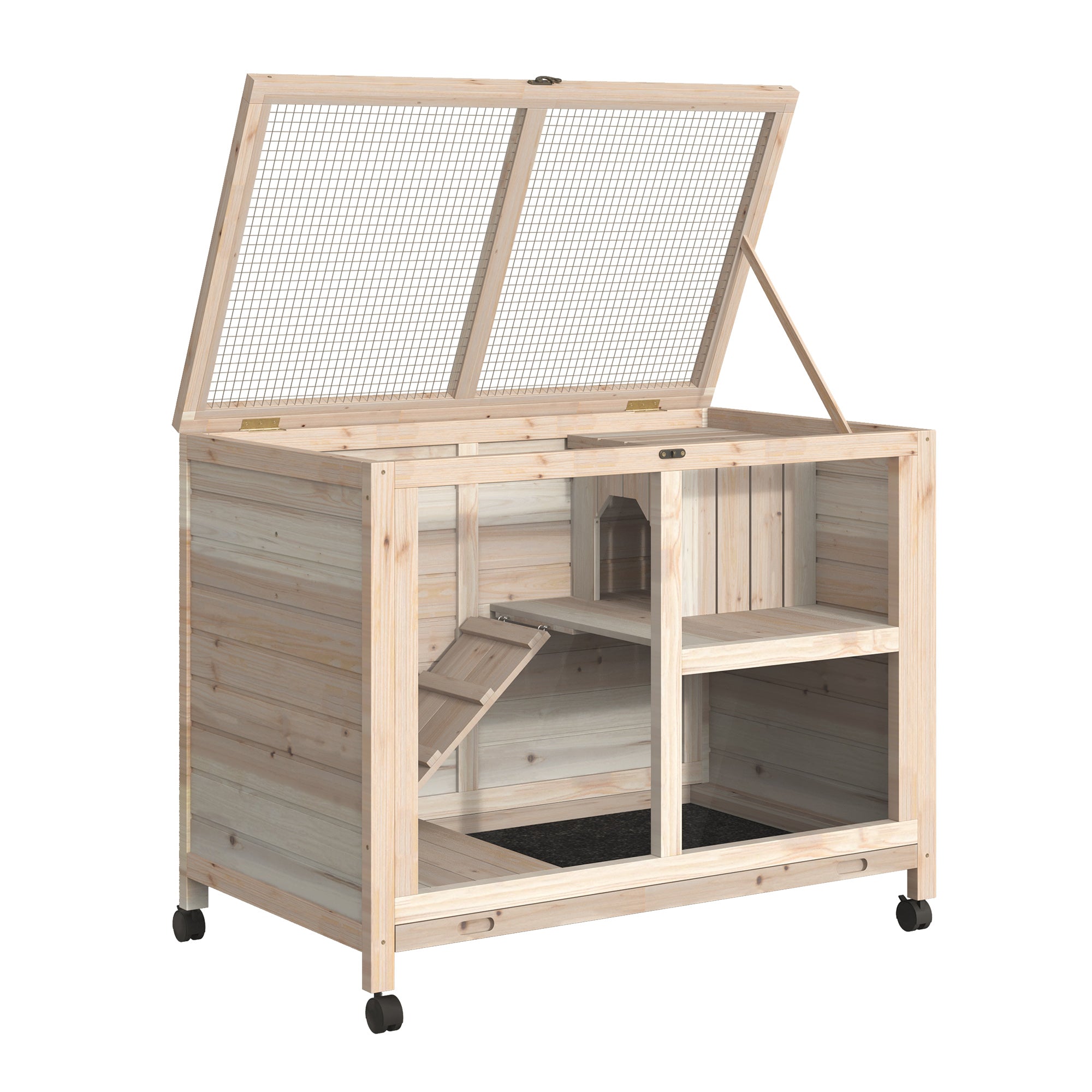 PawHut Rabbit Hutch Indoor Wooden Guinea Pig House Hamster Cage with Wheels, 2 Layers Bunny Cage with Openable Roof, 91.5 x 53.3 x 73 cm, Natural - North Peak Garden Furniture