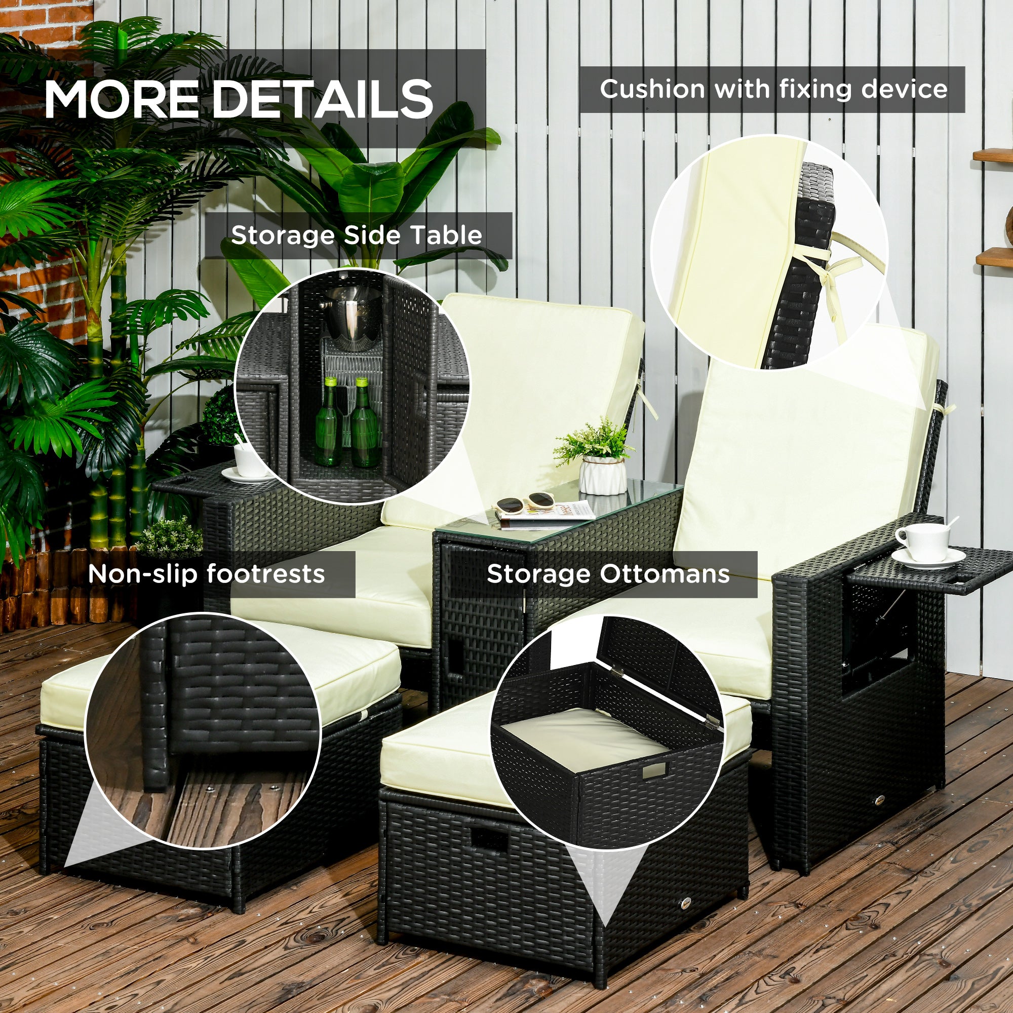 Outsunny 5PC PE Rattan Sun Lounger, Outdoor Wicker 5-level Adjustable Recliner Sofa Bed with Storage Side Table and Footstools, for Patio, Garden, Poolside, Black - North Peak Garden Furniture