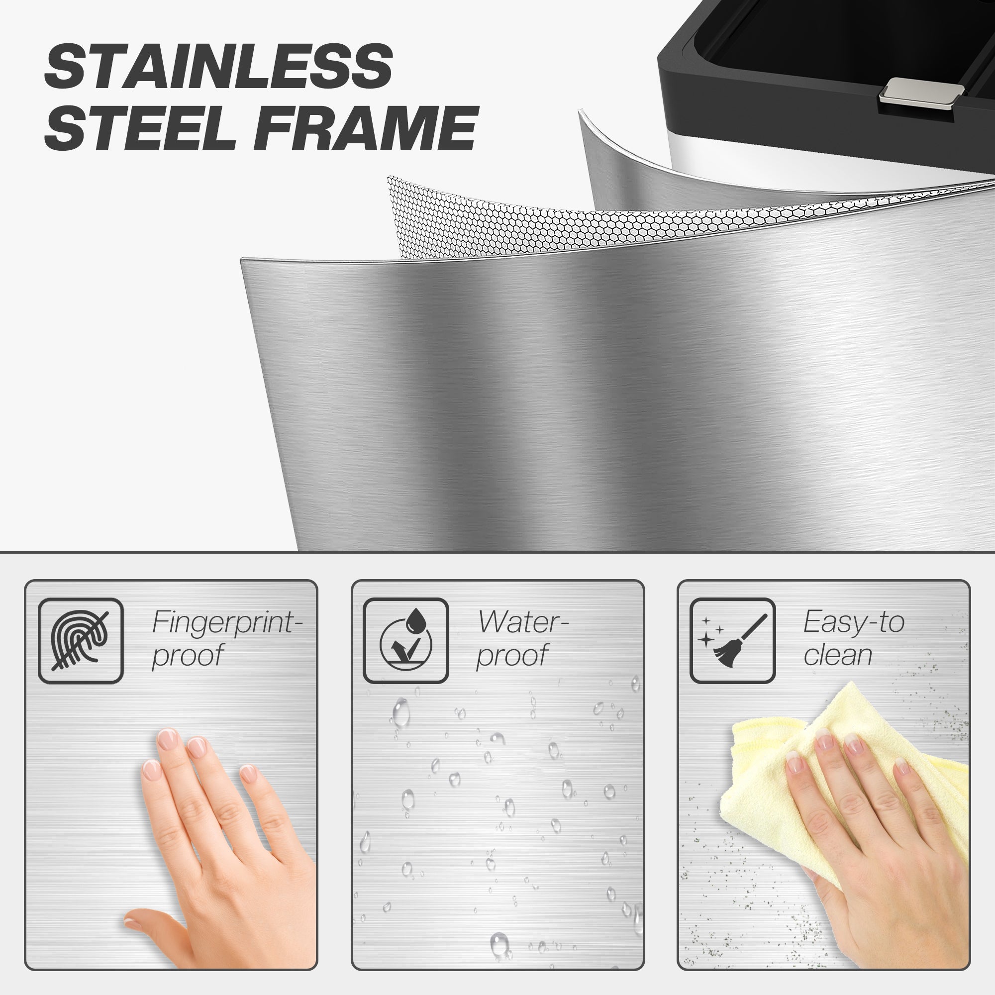 HOMCOM 56L Triple Compartment Stainless Steel Kitchen Bin, with Deodoriser Holders and Wheels - Silver Tone - North Peak Garden Furniture