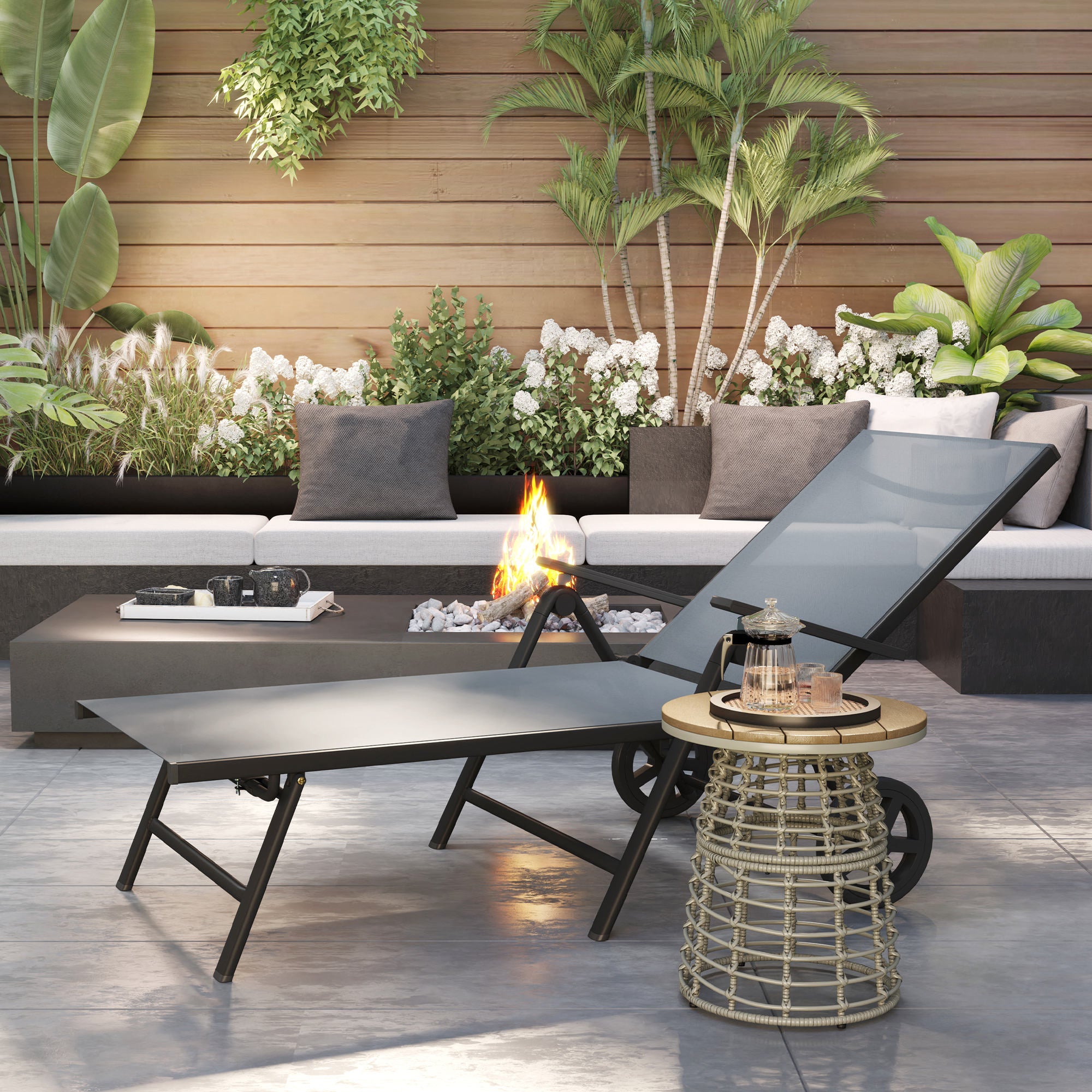 Outsunny Folding Sun Lounger with Wheels, 5-Position Adjustable Garden Chaise Lounge Sunbed with Armrests, Metal Frame Outdoor Portable Reclining Chair for Beach, Porch, Grey - North Peak Garden Furniture