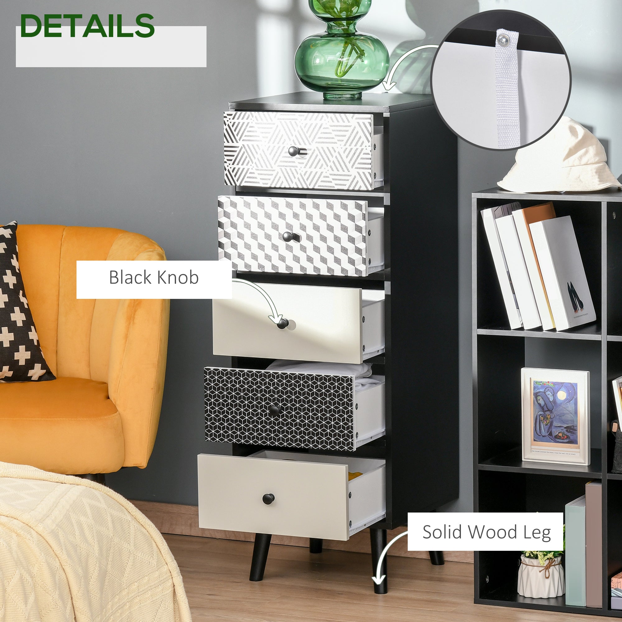 HOMCOM Chest of Drawers, 5 Drawer Dresser, Vertical Storage Organizer Unit for Bedroom, Living Room - North Peak Garden Furniture