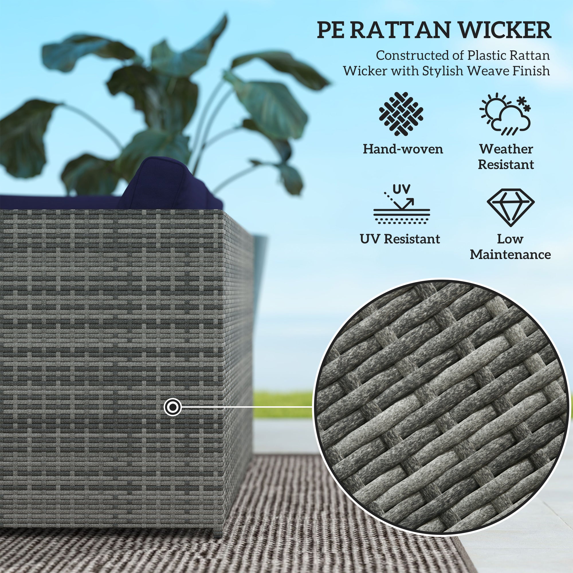 Outsunny 3 Pieces PE Rattan Garden Furniture Set with 10 cm Thick Cushions, 4 Seater Garden Corner Sofa Set with Glass Top Coffee Table, Outdoor Furniture for Patio, Porch, Blue - North Peak Garden Furniture