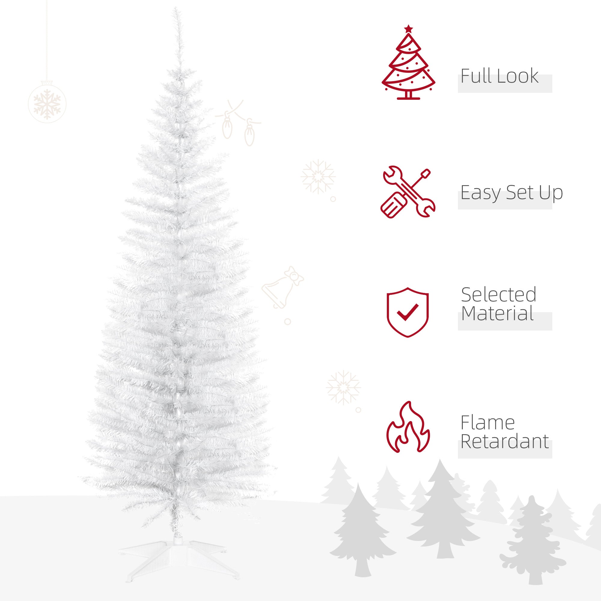 HOMCOM 5ft Unlit Artificial Christmas Tree, Pencil Slim Xmas Tree with Solid Stand and Realistic Branches, White - North Peak Garden Furniture