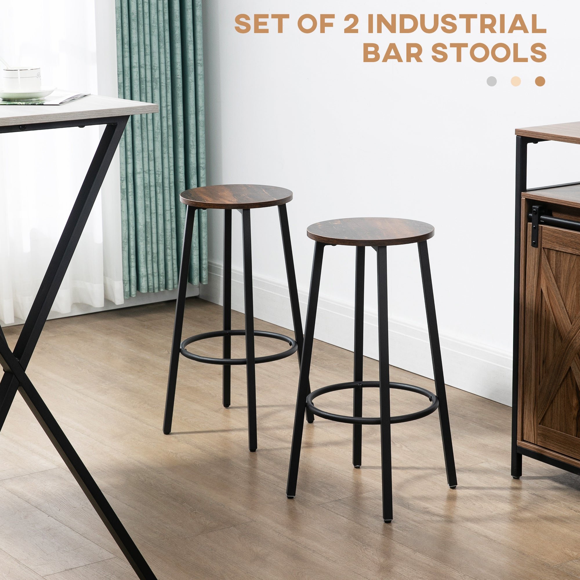 HOMCOM Bar Stools, Set of 2 Kitchen Breakfast Stools with Sturdy Steel Frame, Industrial Tall Bar Chairs, 65cm High Seat, Rustic Brown - North Peak Garden Furniture