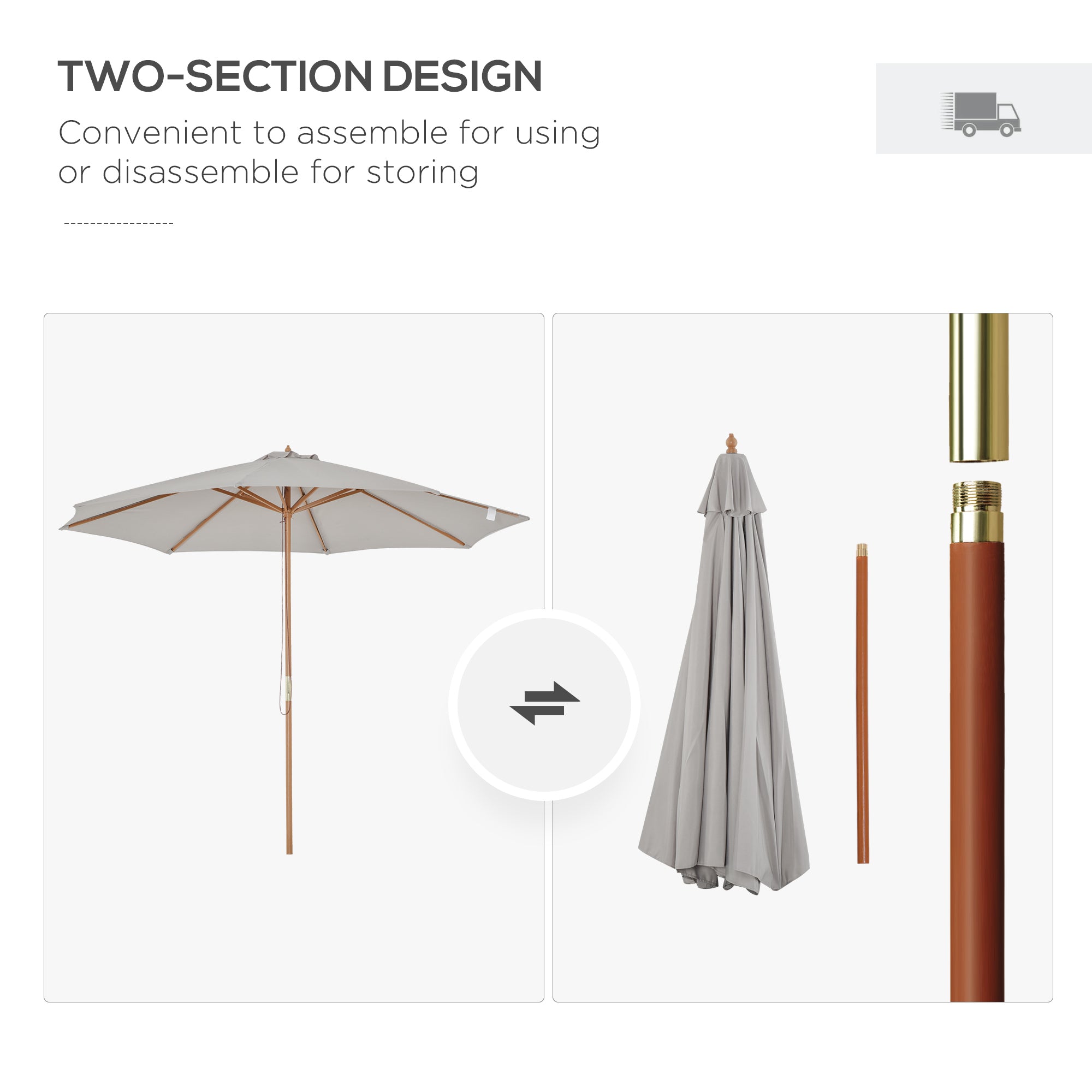 Outsunny 3(m) Garden Parasol, Pulley Operated Patio Umbrella, Wooden Table Market Umbrella with Rope Pulley Mechanism and 8 Ribs, Grey