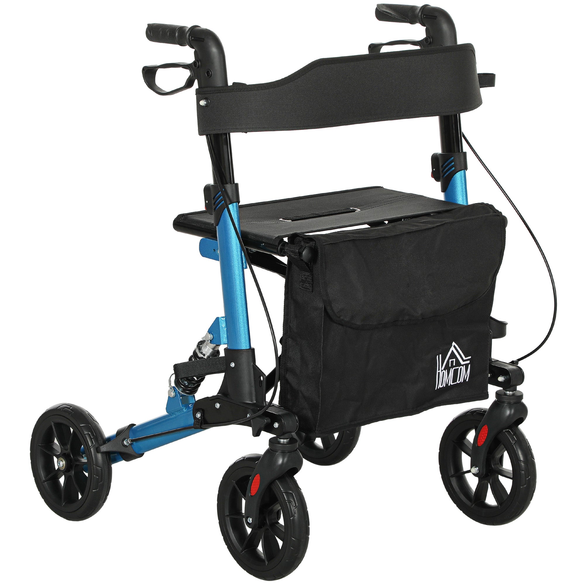 HOMCOM Folding Rollator Walker with Seat, Backrest, Lightweight Walking Frame with Storage Bag, Dual Brakes, Adjustable Handle Height, Suspension System, 4 Wheeled Walker for Seniors, Blue - North Peak Garden Furniture