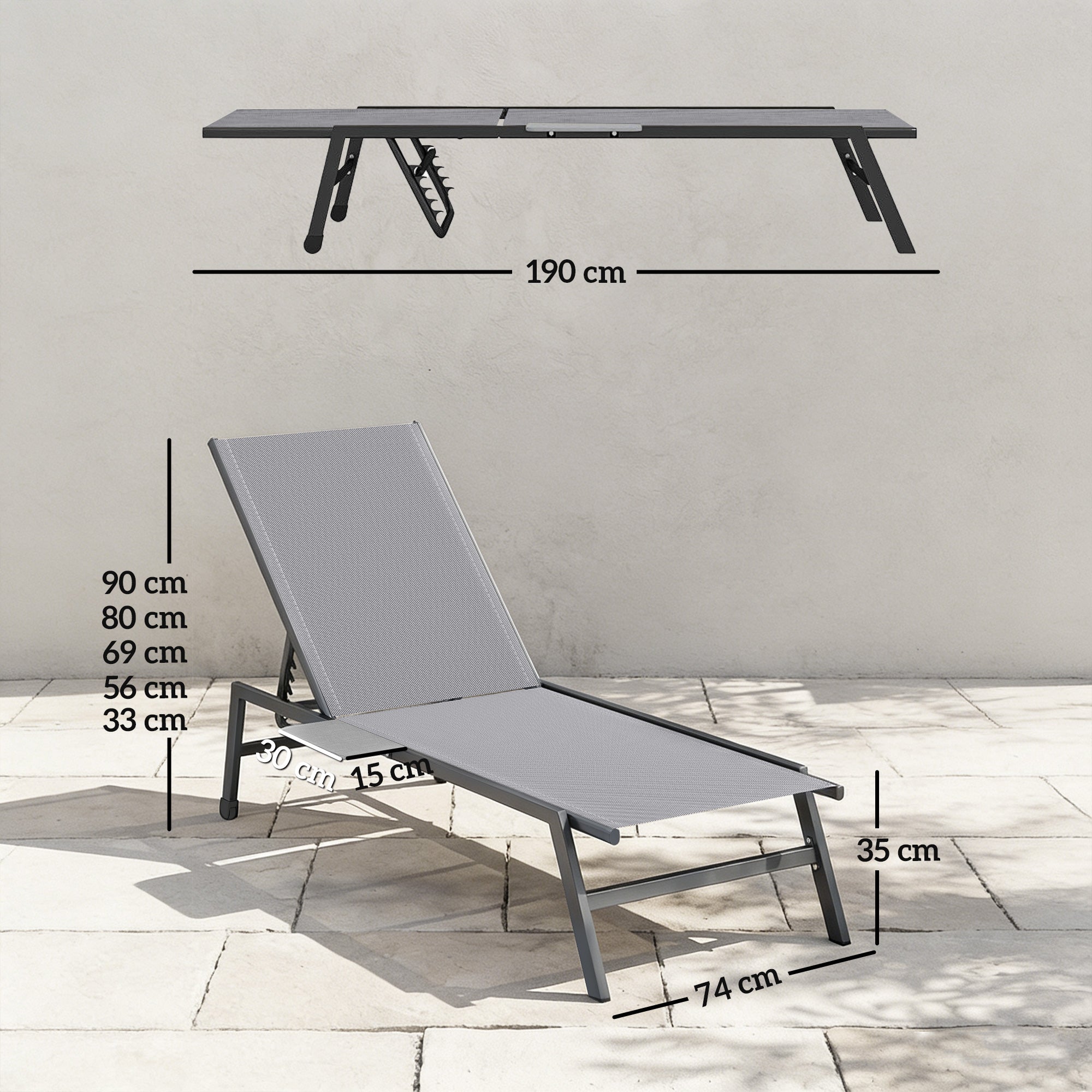 Outsunny Sun Loungers Set of 2 with Side Tray Table, Garden Recliners with 5-Position Adjustable Backrest, 2 Wheels, Grey