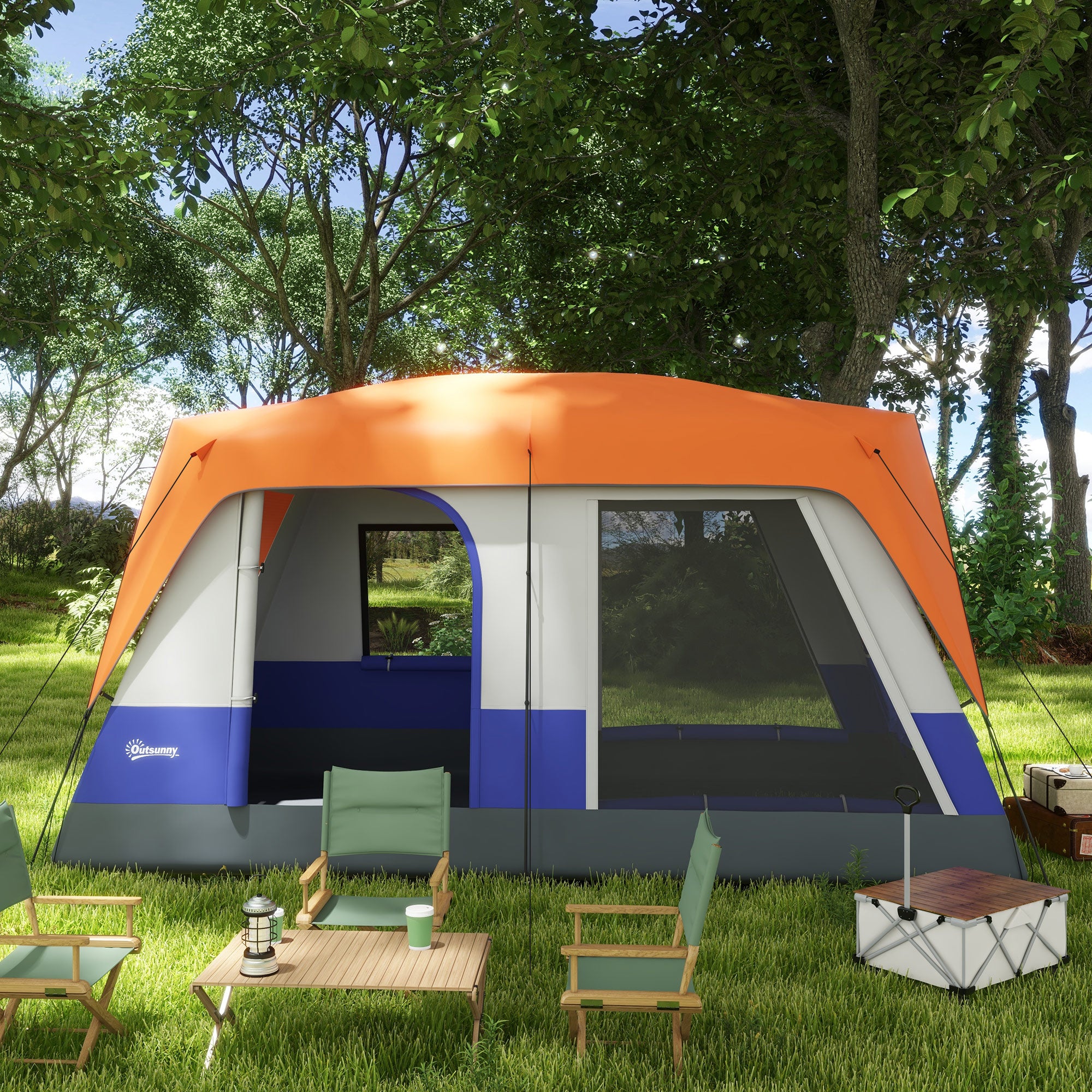 Outsunny Six-Man Camping Tent, with Small Rainfly and Accessories - Orange - North Peak Garden Furniture
