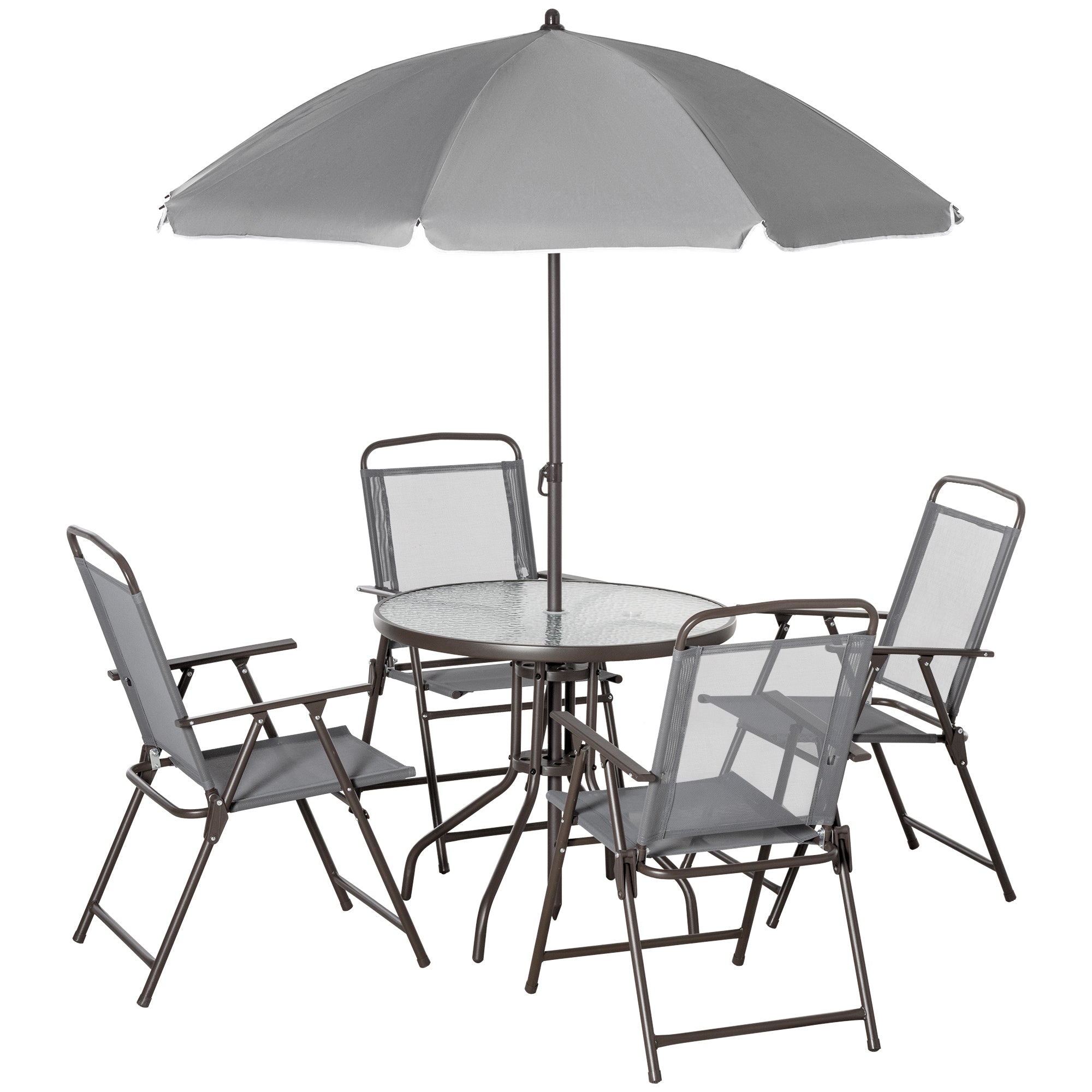Outsunny 6 Piece Garden Dining Set with Umbrella, Patio Sets with Parasol with 4 Folding Dining Chairs & Round Tempered Glass Table, Grey - North Peak Garden Furniture