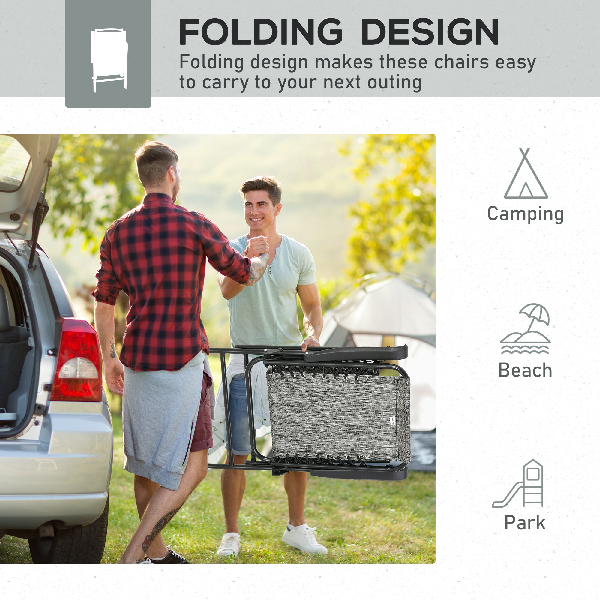 Outsunny Pieces Patio Folding Chair Set, Outdoor Portable Loungers for Camping Pool Beach Deck, Lawn Chairs with Armrest Steel Frame, Mixed Grey - North Peak Garden Furniture