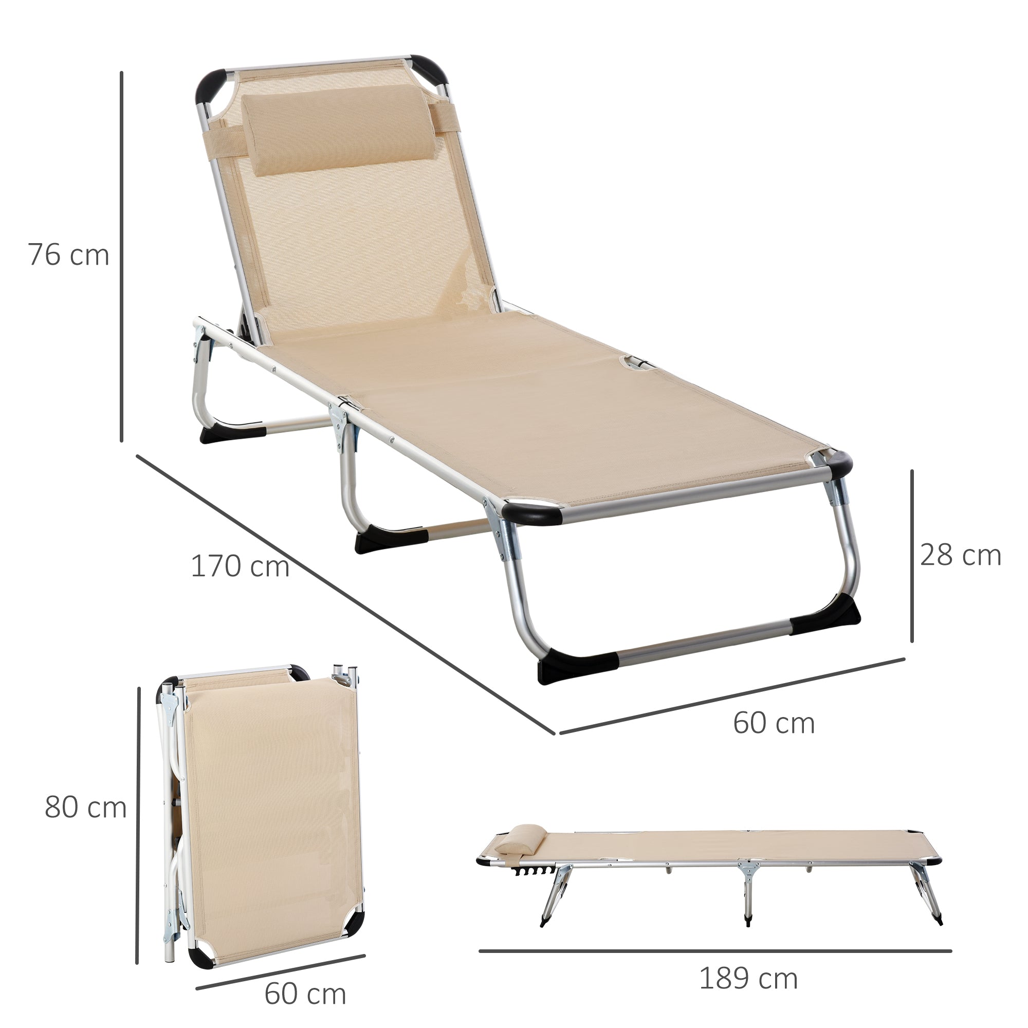 Outsunny 2 Pieces Foldable Outdoor Sun Lounger with Pillow, 5-Level Adjustable Reclining Lounge Chair, Aluminium Frame Camping Bed Cot, Khaki