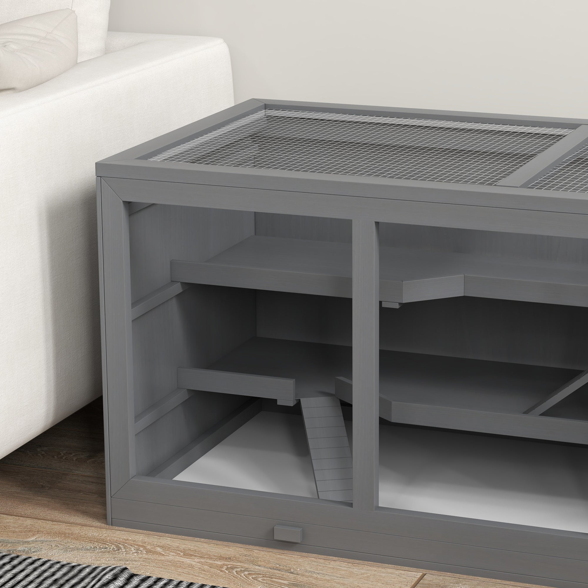 PawHut Wooden Hamster Cage, Small Animals Hutch with Tray, Openable Top, Exercise Play House Pen, 115L x 57W x 55Hcm, Grey - North Peak Garden Furniture