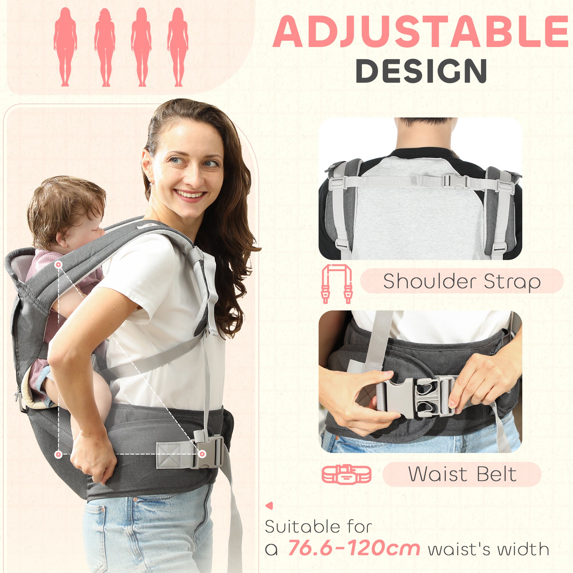 AIYAPLAY 6-in-1 Baby Carrier for Newborns-Toddlers, with Removable Seat, for Ages 0-36 Months, Up to 15kg, Grey - North Peak Garden Furniture