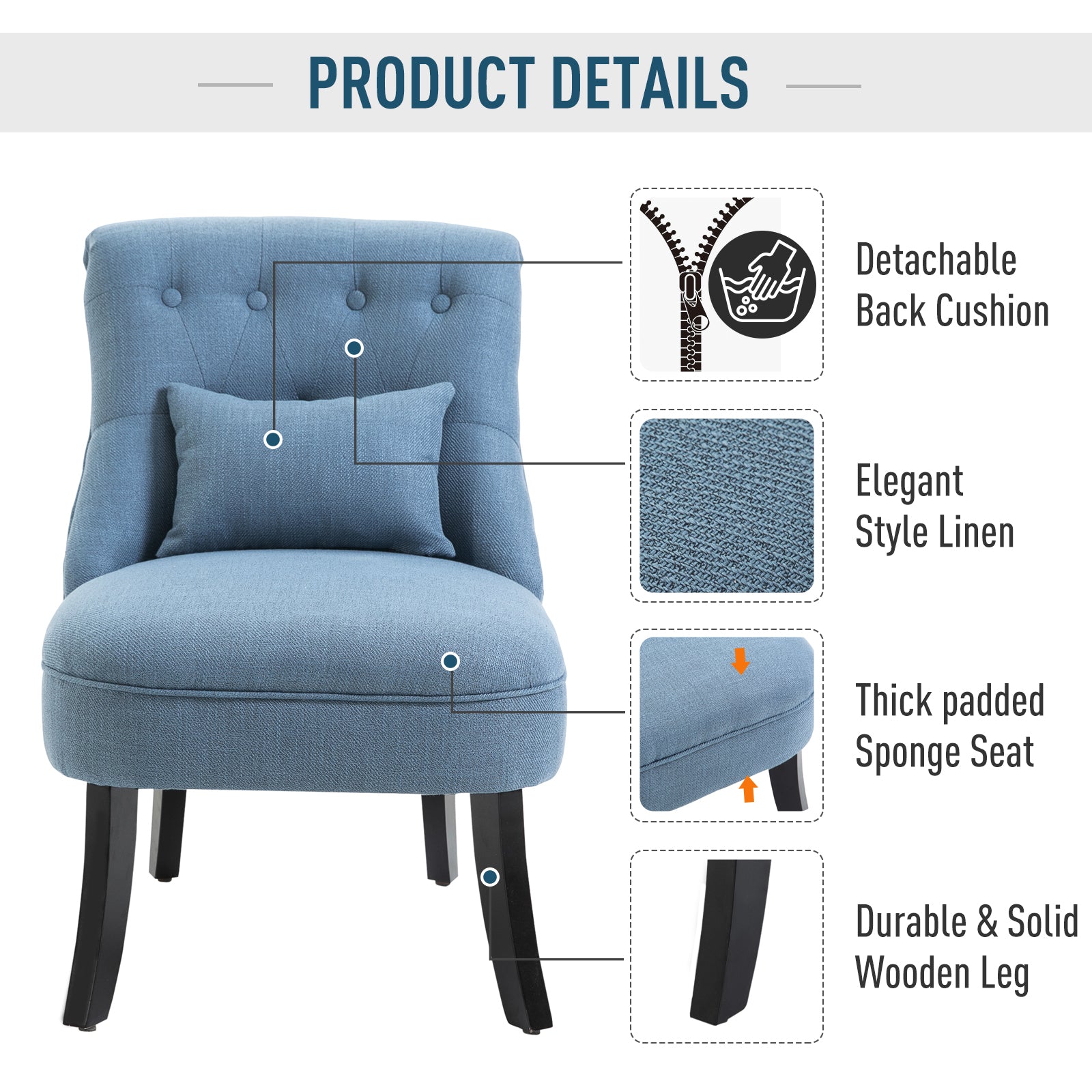 HOMCOM Fabric Single Sofa, Tub Chair, Upholstered Bedroom Chair with Pillow, Solid Wood Leg for Home, Living Room, Dining Room, Set of 2, Blue - North Peak Garden Furniture
