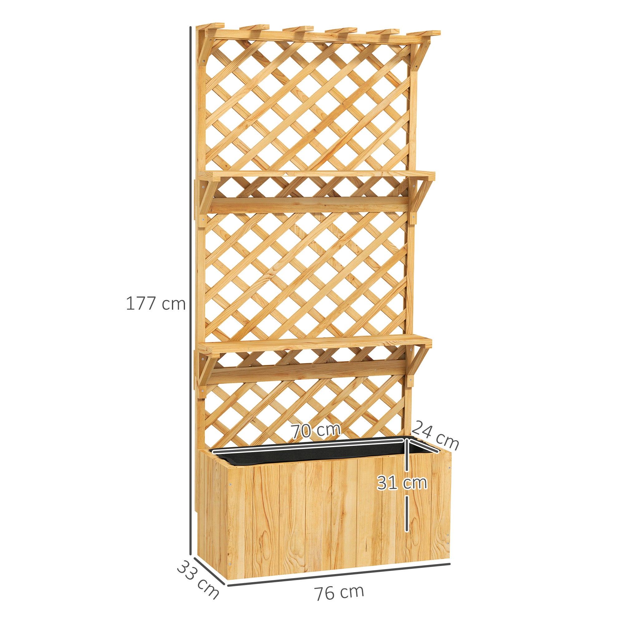 Outsunny 52L Wooden Planter, with Trellis and Shelves - Natural Finish