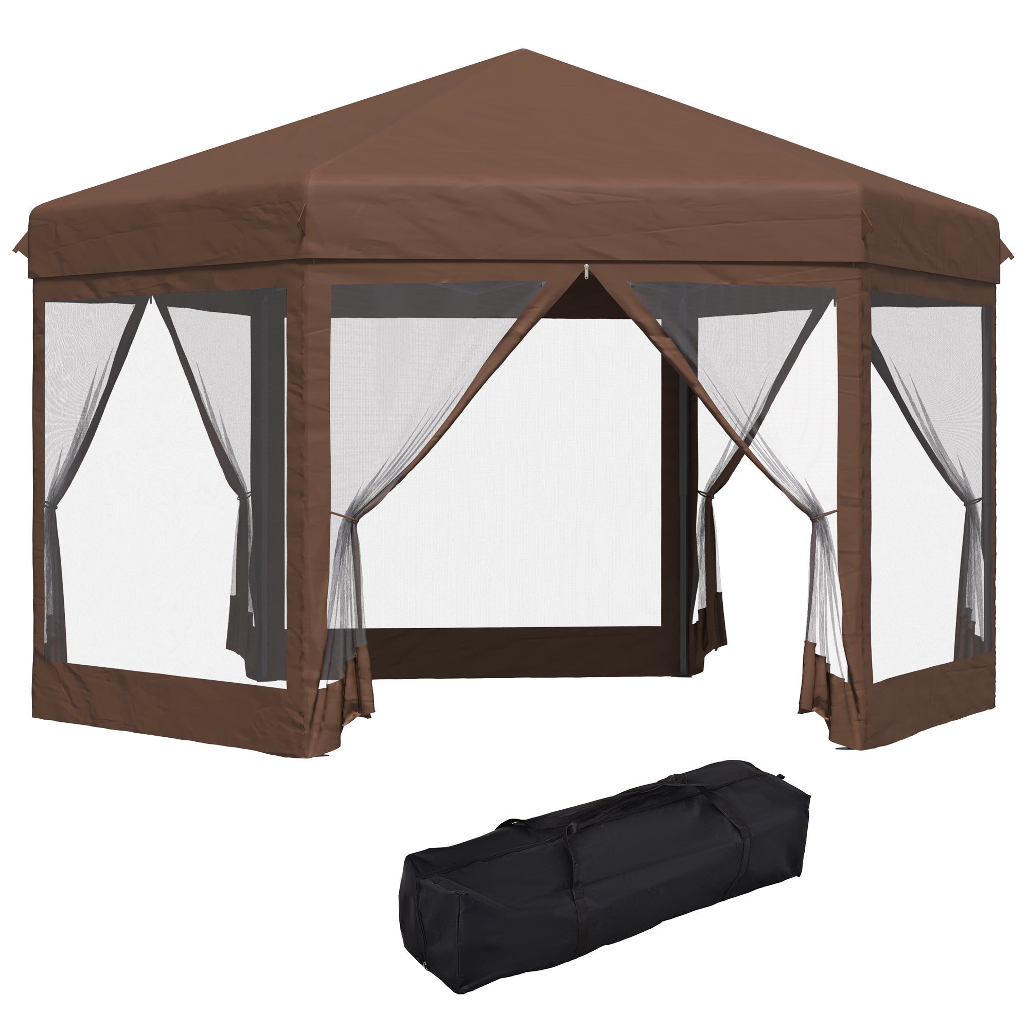 Outsunny 3.5m x 4m Hexagonal Pop Up Gazebo, Canopy Tent Sun Shelter for Patio Outdoor Party, Height Adjustable, with Mosquito Netting and Carry Bag - Brown - North Peak Garden Furniture