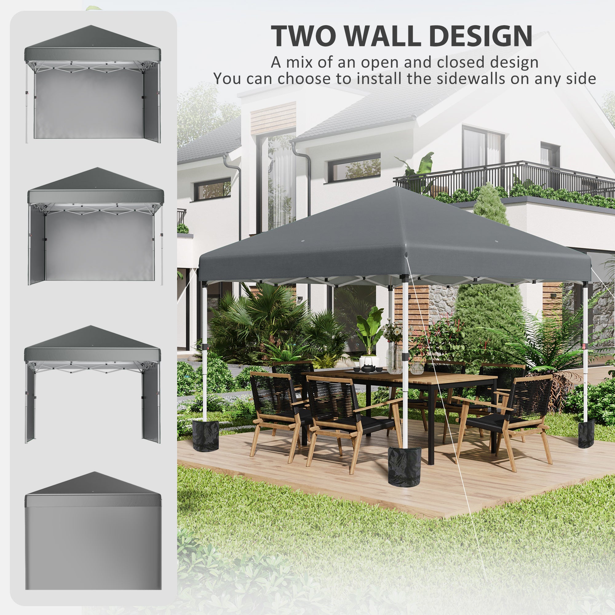 Outsunny 3 x 3 (M) Pop Up Gazebo, UPF 30+ with 2 Sidewalls, Leg Weight Bags and Wheeled Bag, Height Adjustable Party Tent Event Shelter for Garden, Patio, Dark Grey - North Peak Garden Furniture