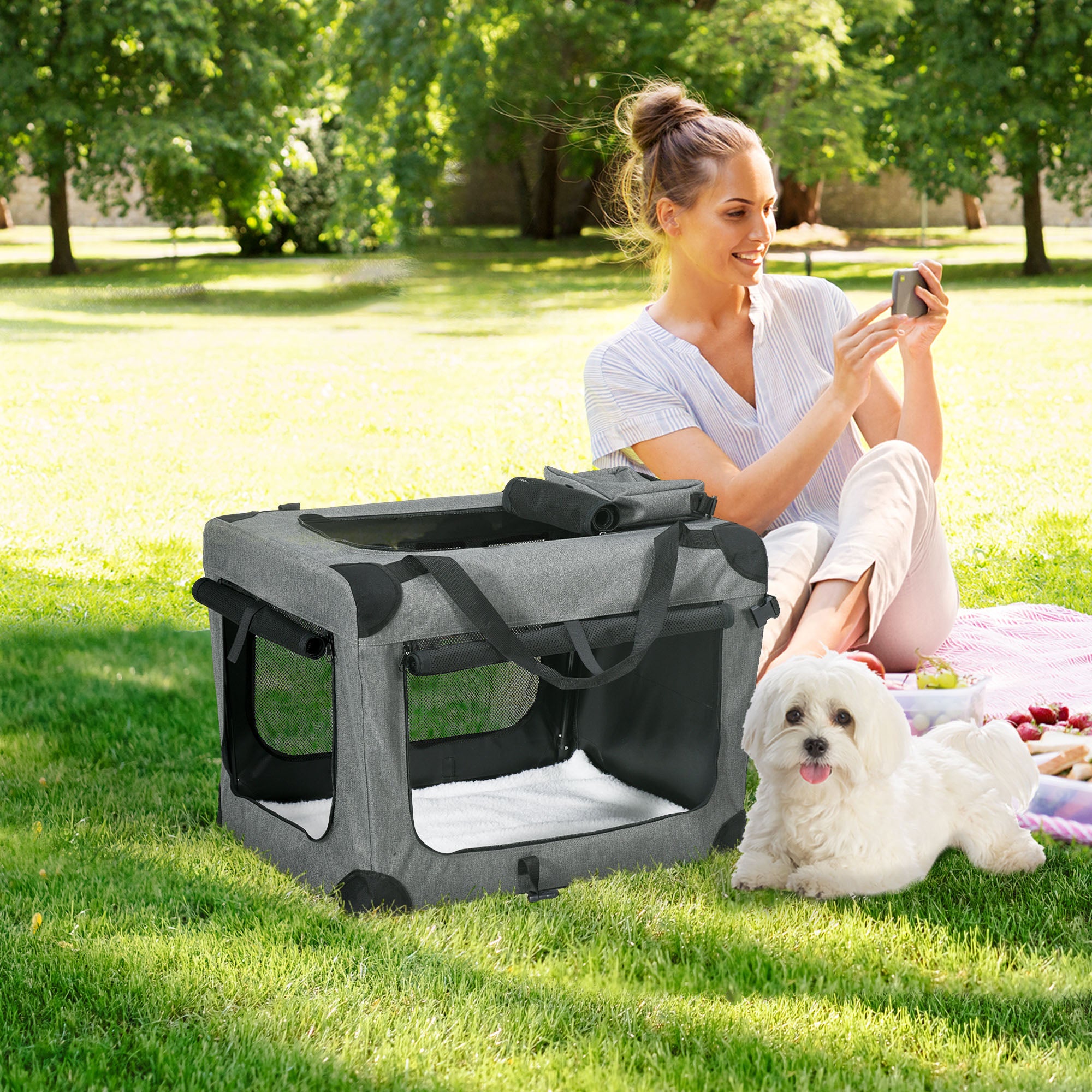 PawHut 70cm Oxford Folding Pet Carrier Bag Grey - North Peak Garden Furniture