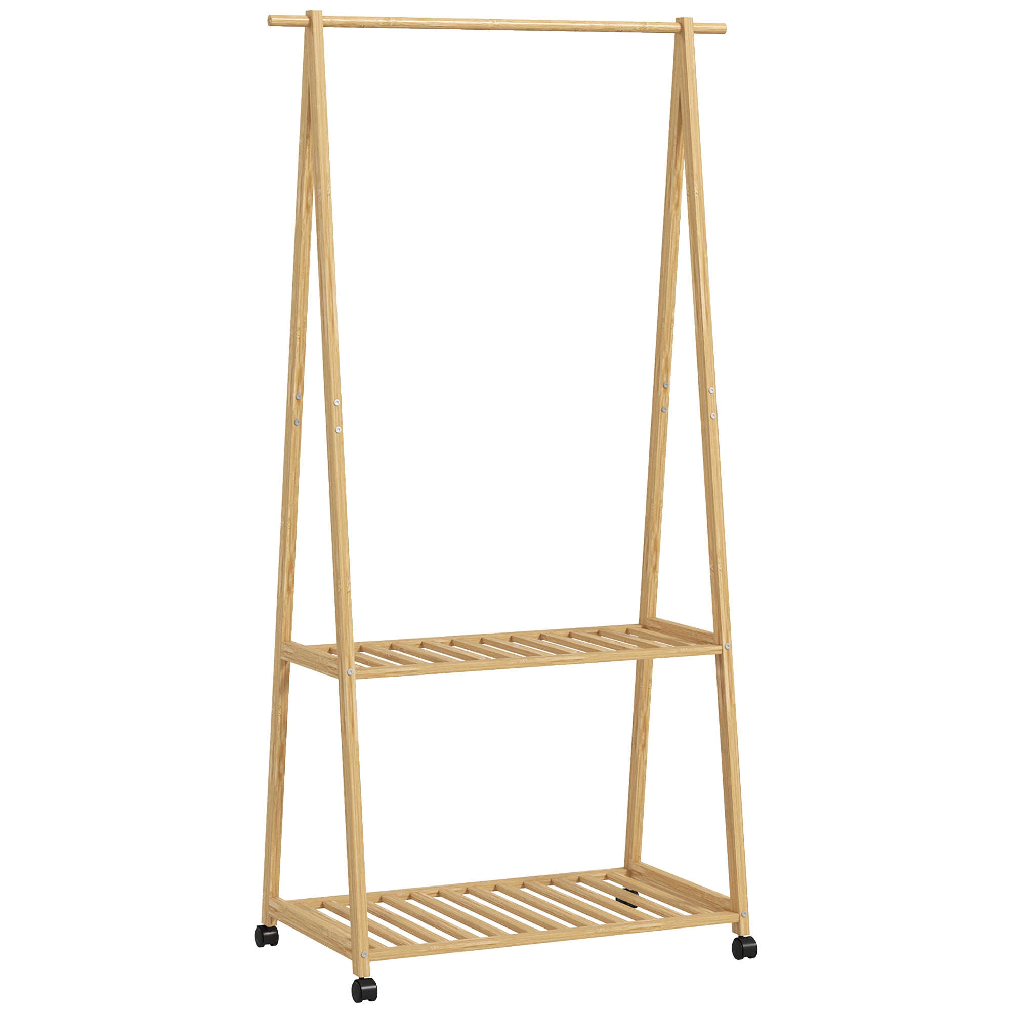 HOMCOM Bamboo Clothes Rack, with Shelves and Hooks - Natural Finish