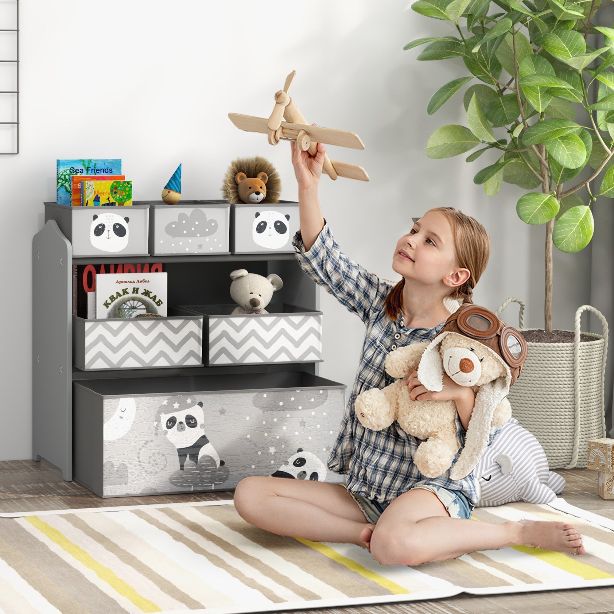 ZONEKIZ Kids Storage Unit, Toy Storage Organiser, with Six Fabric Bins, for Bedrooms, Playrooms, Nurseries - Grey - North Peak Garden Furniture