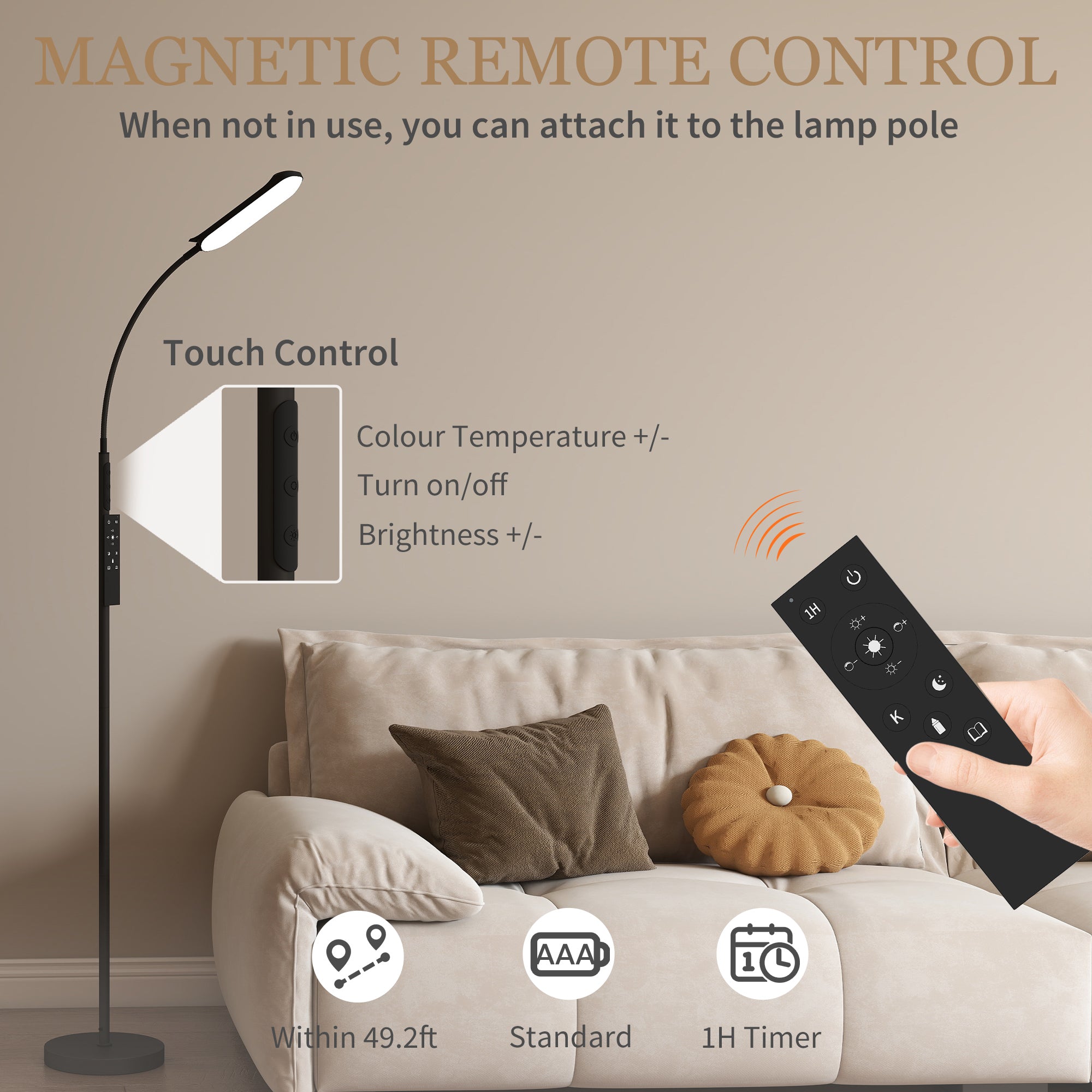 HOMCOM LED Floor Lamp, Standing Lamp with Remote & Touch Control, Stepless Dimmable Colours Temperature & Brightness, 360° Adjustable Gooseneck, 1 Hour Timer, Memory Function for Living Room, Black - North Peak Garden Furniture