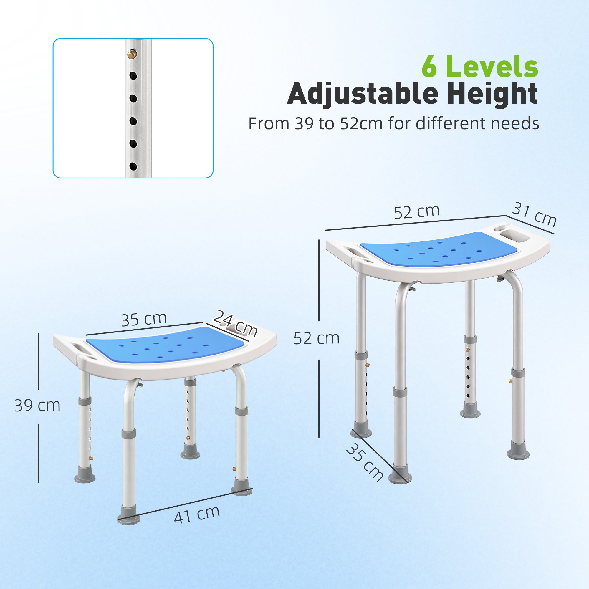 HOMCOM 6-Level Height Adjustable Aluminium Bath Room Stool Chair Shower Non-Slip Design w/ Padded Seat Drainage Holes Foot Pad, Blue