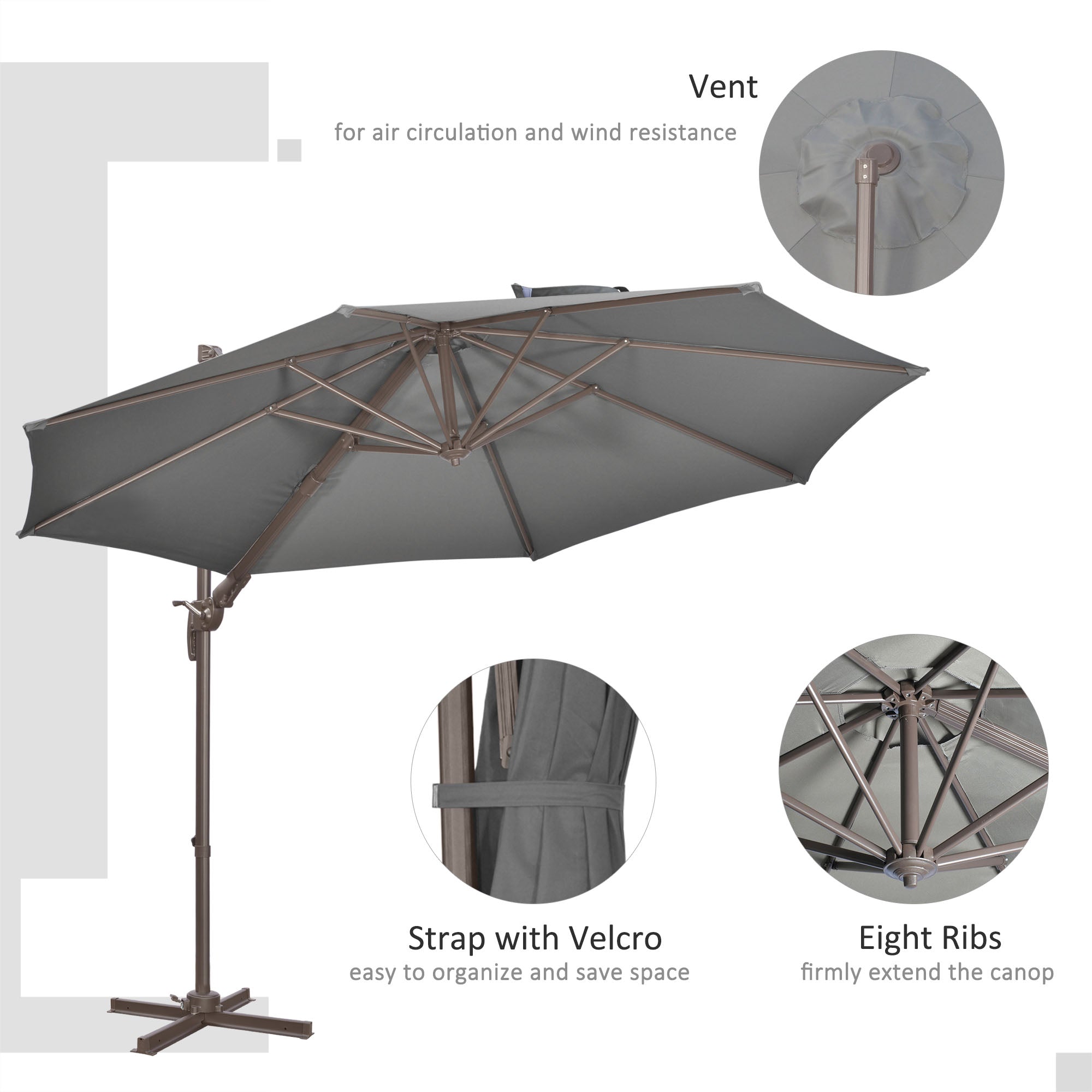 Outsunny 3(m) Cantilever Parasol 360° Rotation Roma Umbrella Hanging Sun Shade with Aluminium Frame, Tilt Crank, 8 Ribs and Cross Base, Dark Grey