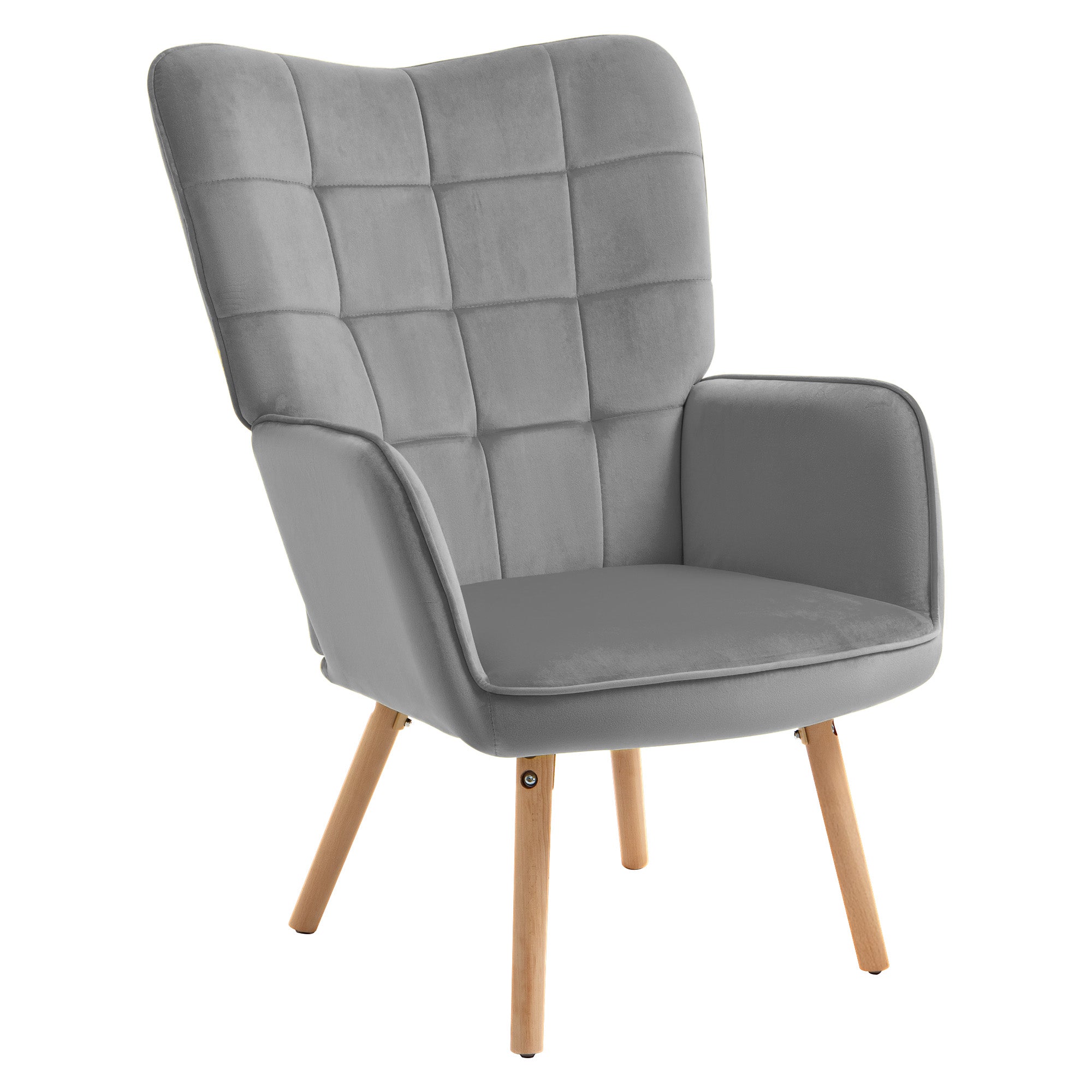 HOMCOM Modern Accent Chair Velvet-Touch Tufted Wingback Armchair Upholstered Leisure Lounge Sofa Club Chair with Wood Legs, Grey