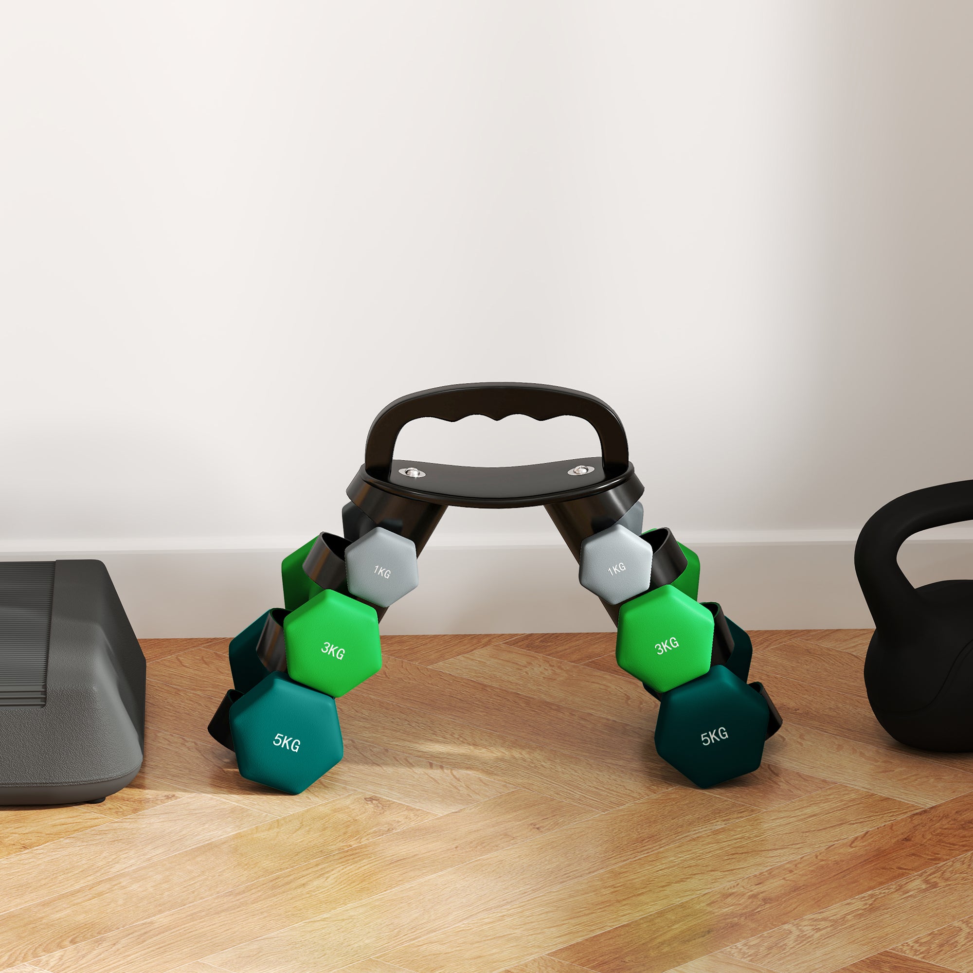 SPORTNOW Dumbbells Set with Carry Storage Rack, Set of 6 Weights for Home Gym Kettlebell Training Weight Lifting Exercise, 2 x 1kg, 2 x 3kg, 2 x 5kg - North Peak Garden Furniture