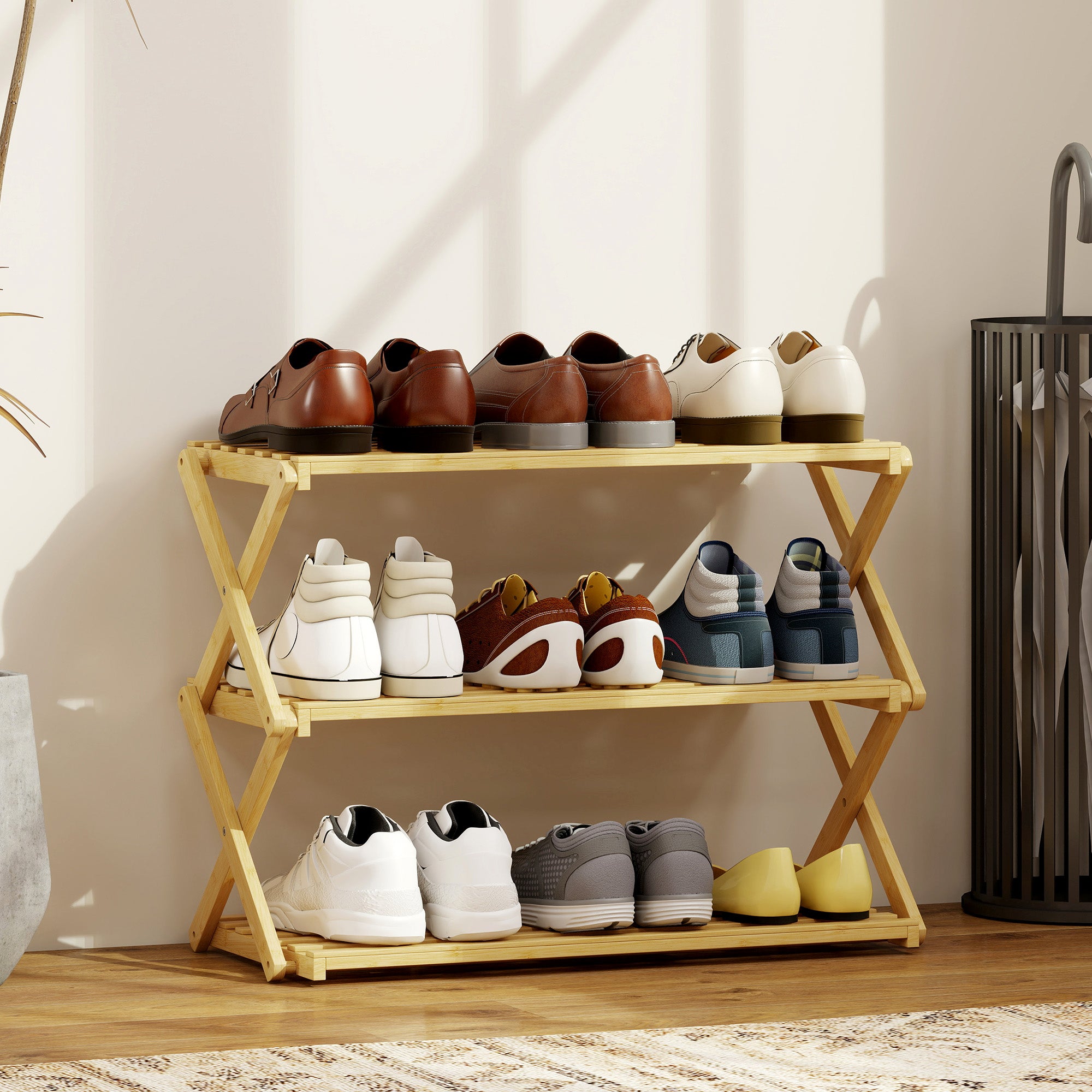 HOMCOM Three-Tier Folding Bamboo Shoe Rack - Natural Finish
