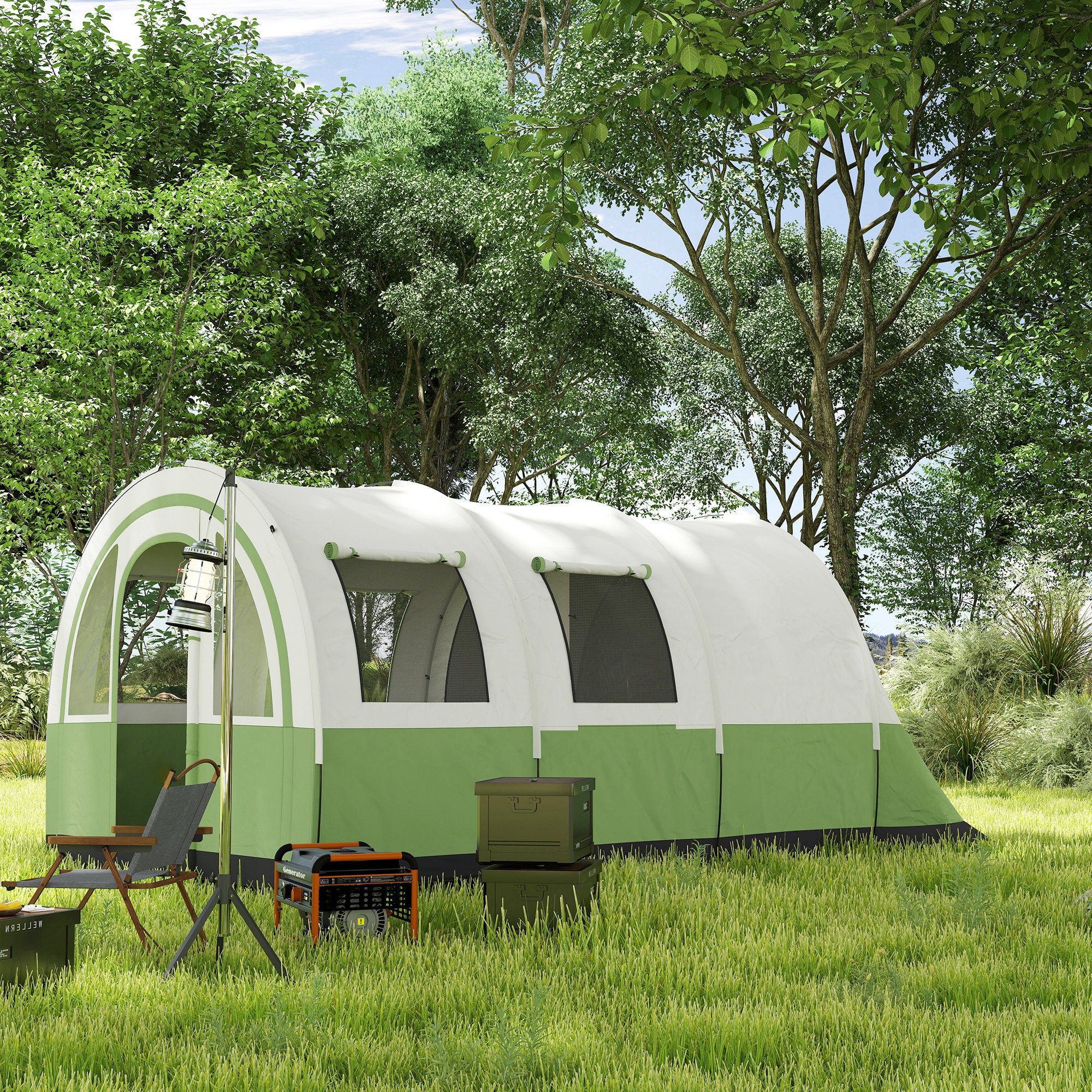 Outsunny 3000mm Waterproof Camping Tent, 5-6 Man Family Tent with Living and Bedroom, Carry Bag Included, Cream and Green - North Peak Garden Furniture