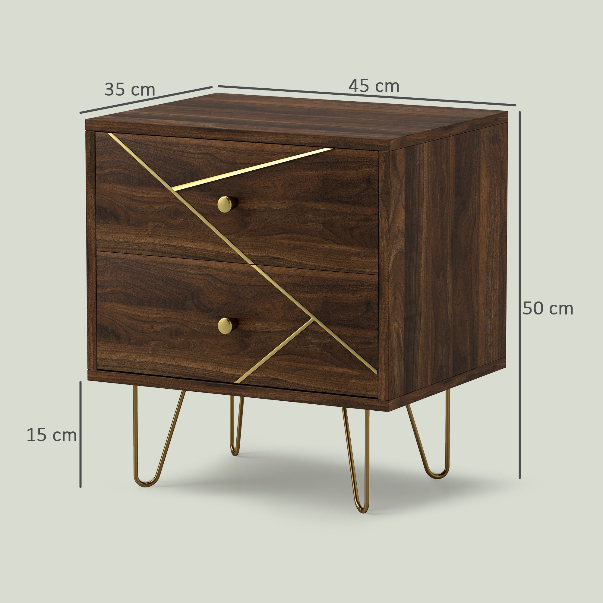 HOMCOM Bedside Tables Set of 2, Modern Side Table Set with 2 Drawers and Steel Hairpin Legs, Nightstand for Bedroom, Brown Wood Grain - North Peak Garden Furniture