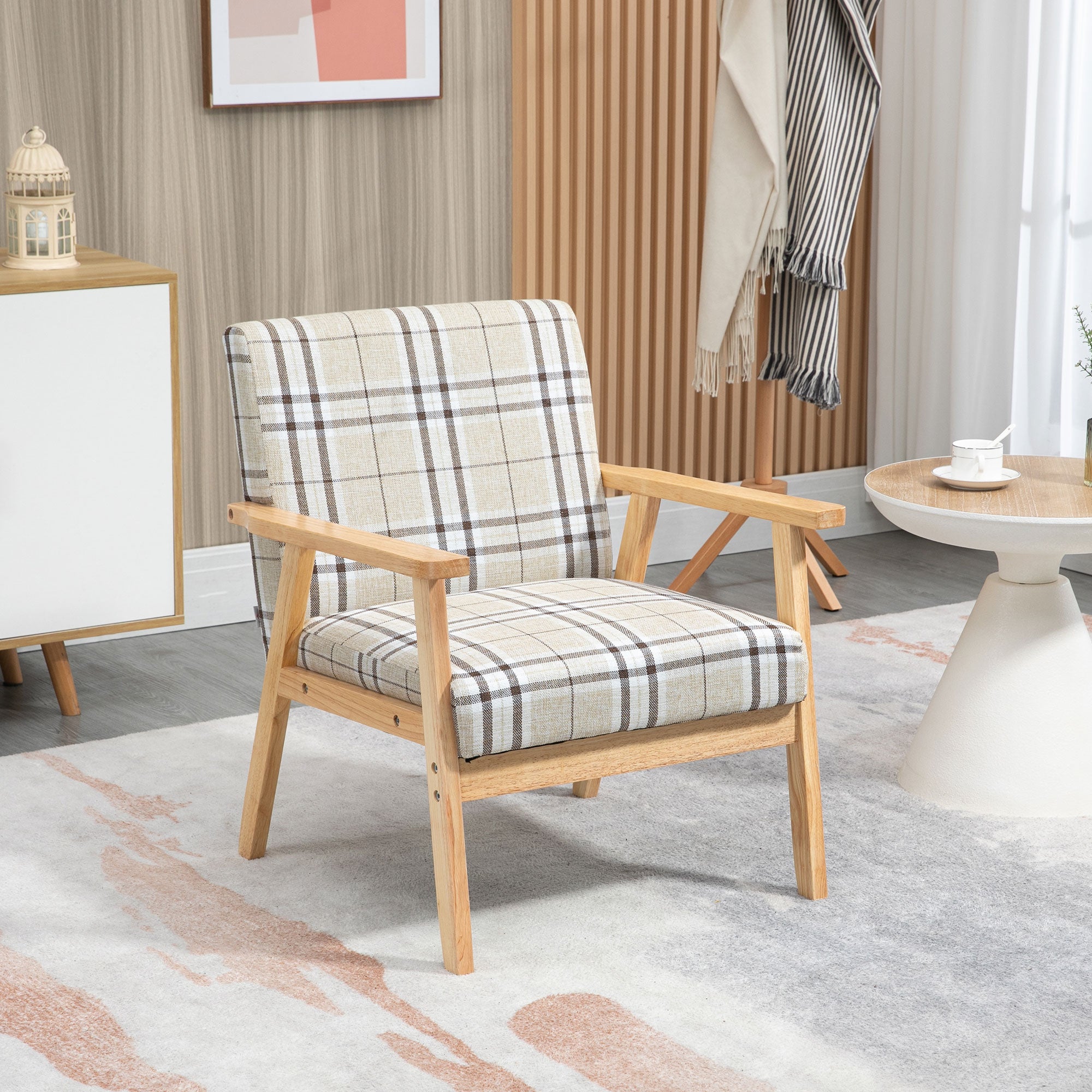 HOMCOM Modern One Seater Sofa for Living Room, Linen Fabric Small Couch with Rubber Wood Frame, Armrests, Lattice Pattern, Upholstered Armchair, Beige - North Peak Garden Furniture