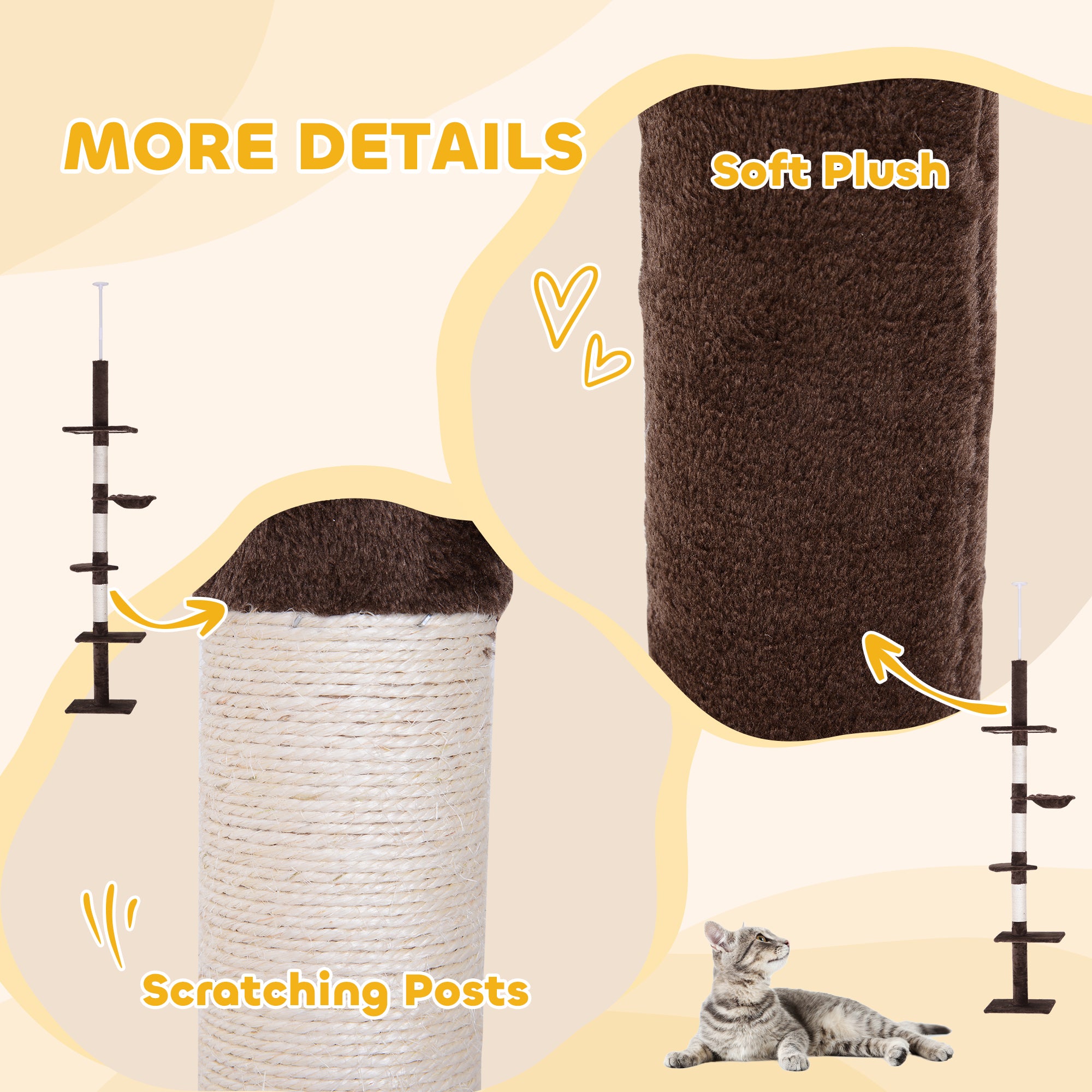 PawHut Floor to Ceiling Cat Tree for Indoor Cats 5-Tier Kitty Tower Climbing Activity Center Scratching Post Adjustable Height 230-260 cm Brown - North Peak Garden Furniture