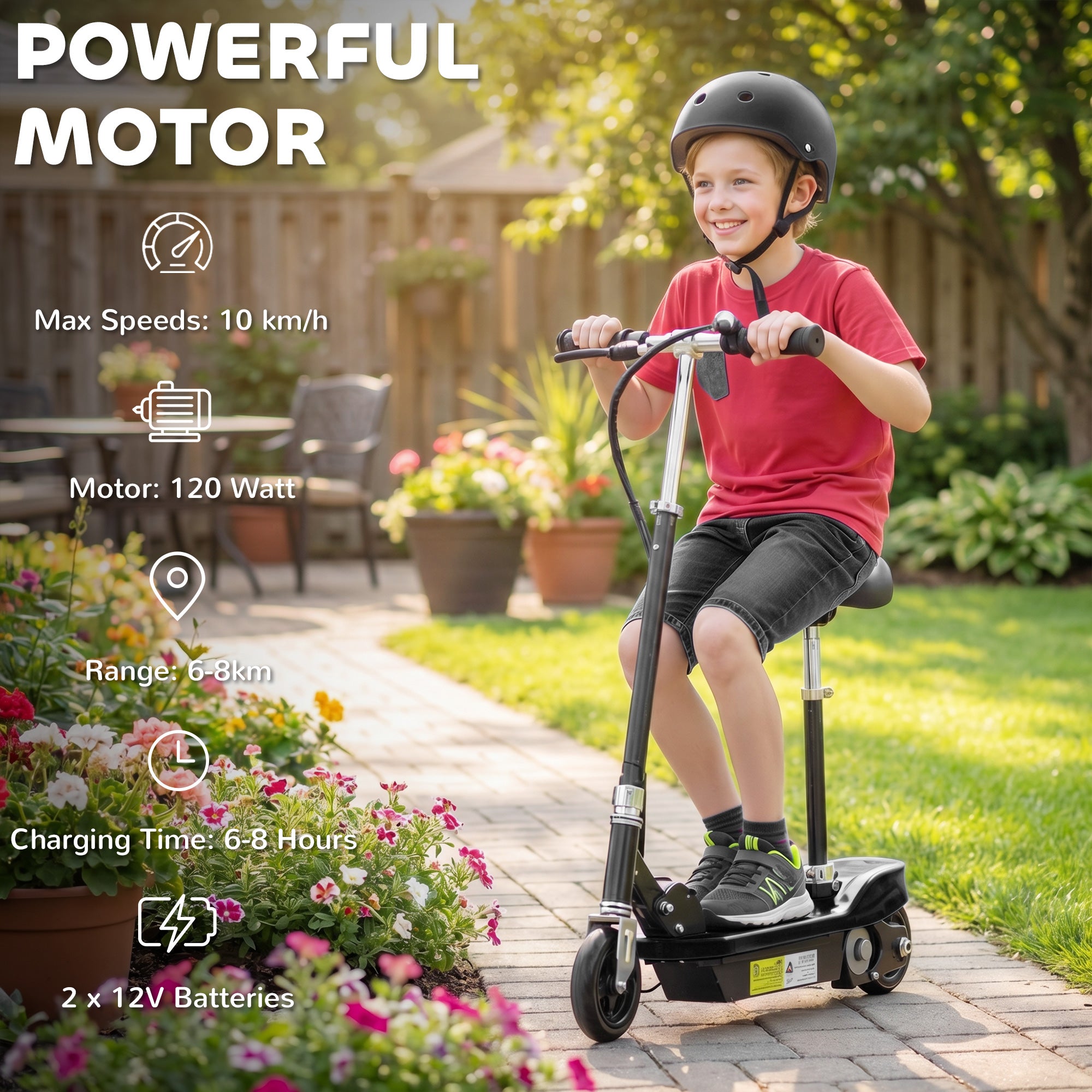 HOMCOM Outdoor Ride On Powered Scooter Sporting Toy 120W Motor Bike 2 x 12V Battery - Black