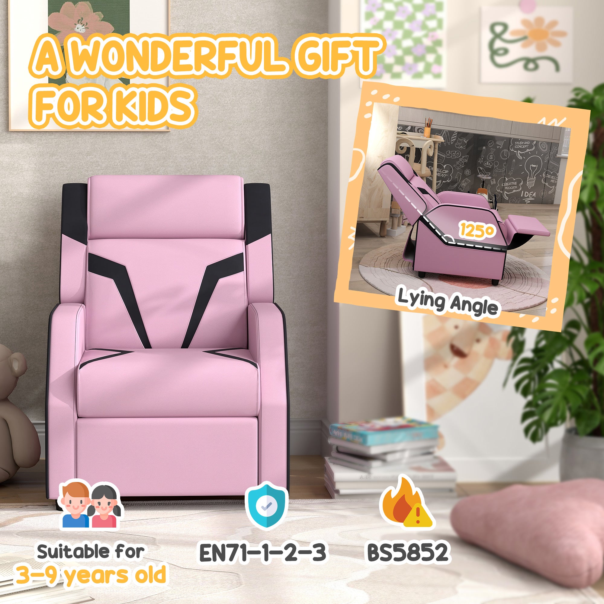 AIYAPLAY 2 in 1 Kids Chair Recliner with Backrest, Armrest, Footrest, PU Leather, for 3-9 Years Old, Pink