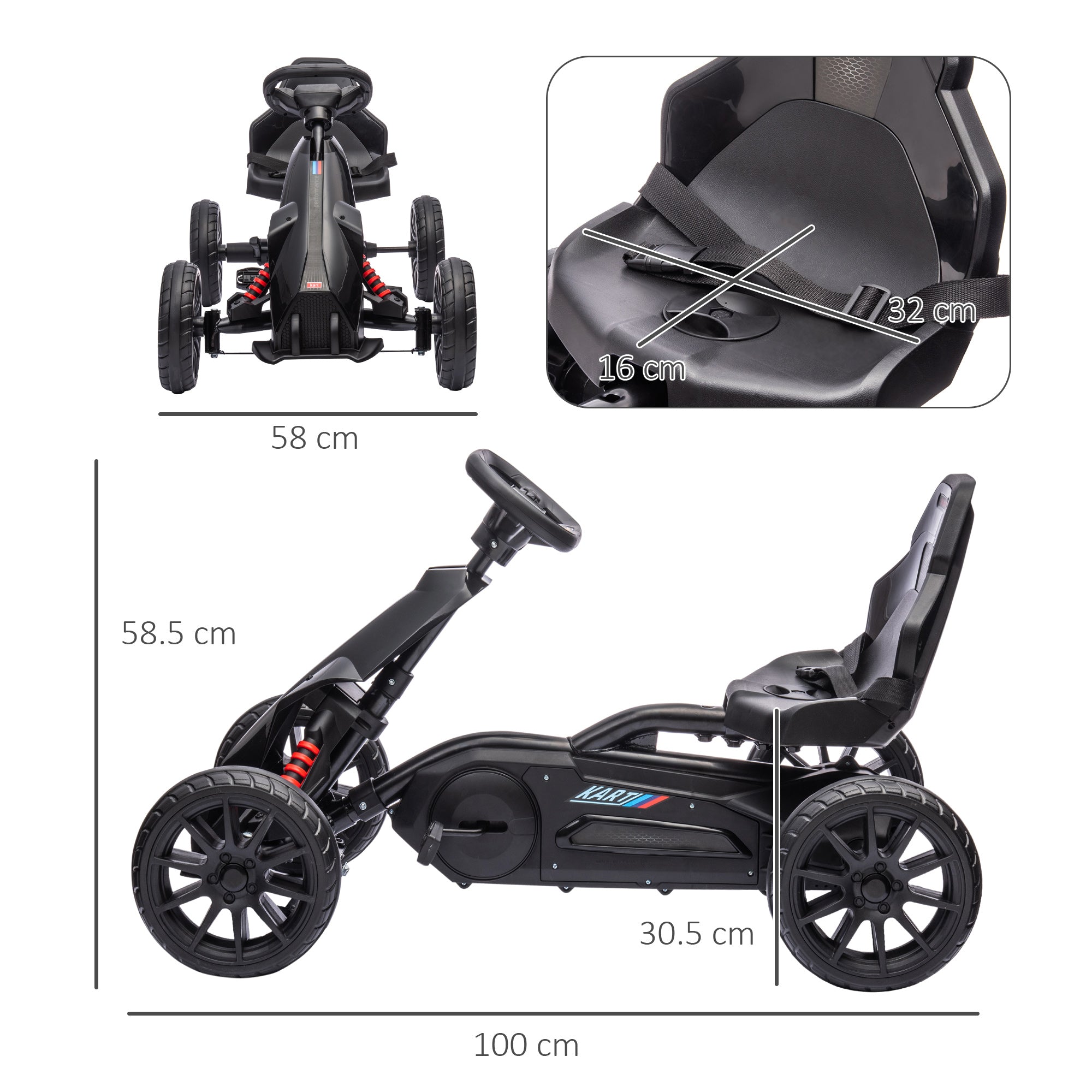 HOMCOM Kids Pedal Go Kart, with Adjustable Seat, EVA Wheels, Seat, Handbrake - Black - North Peak Garden Furniture