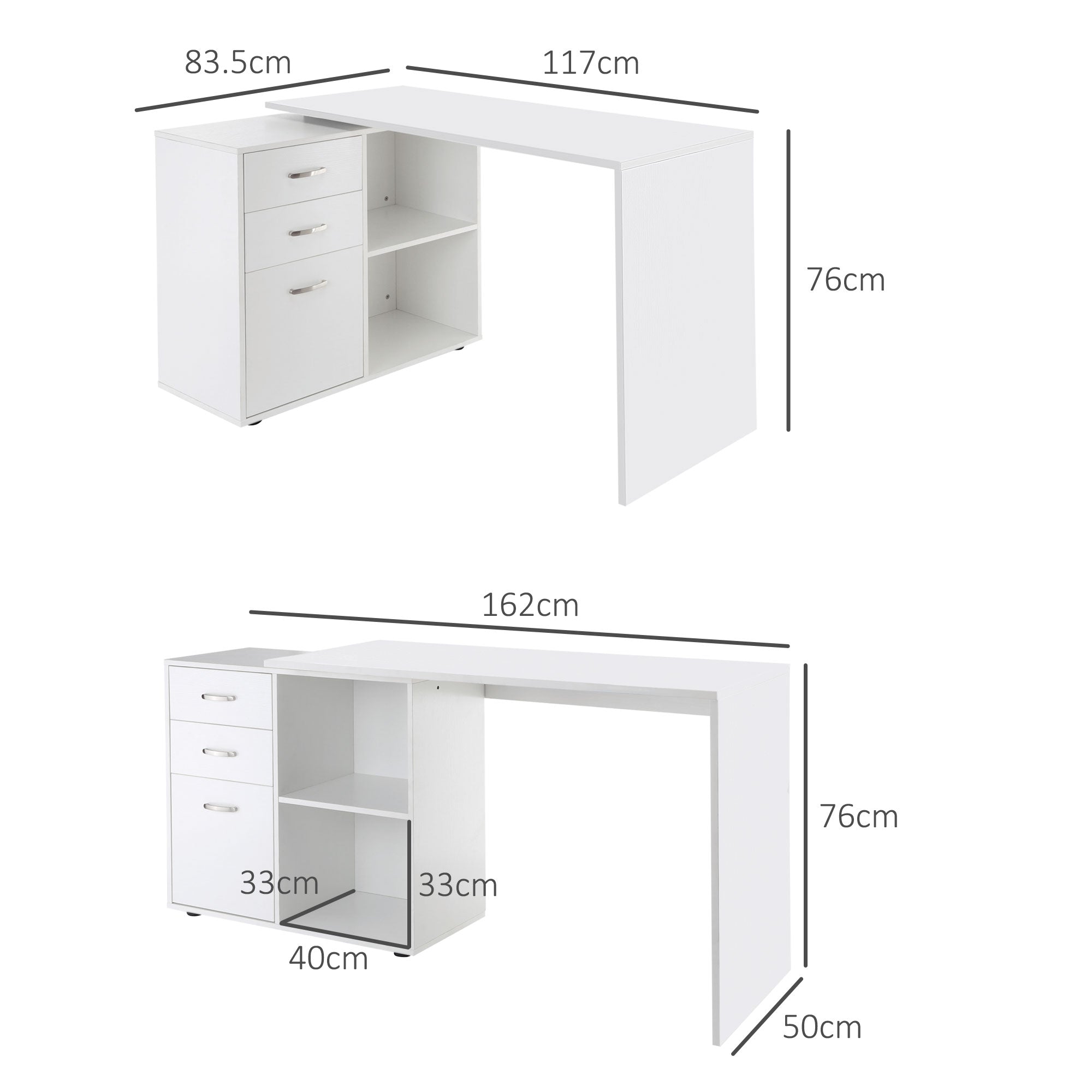 HOMCOM L-Shaped Computer Desk, 2 Shaped Corner Desk with Drawers, File Cabinet and Storage Shelves, Home Office Desk, 117 x 83.5 x 76cm, White - North Peak Garden Furniture