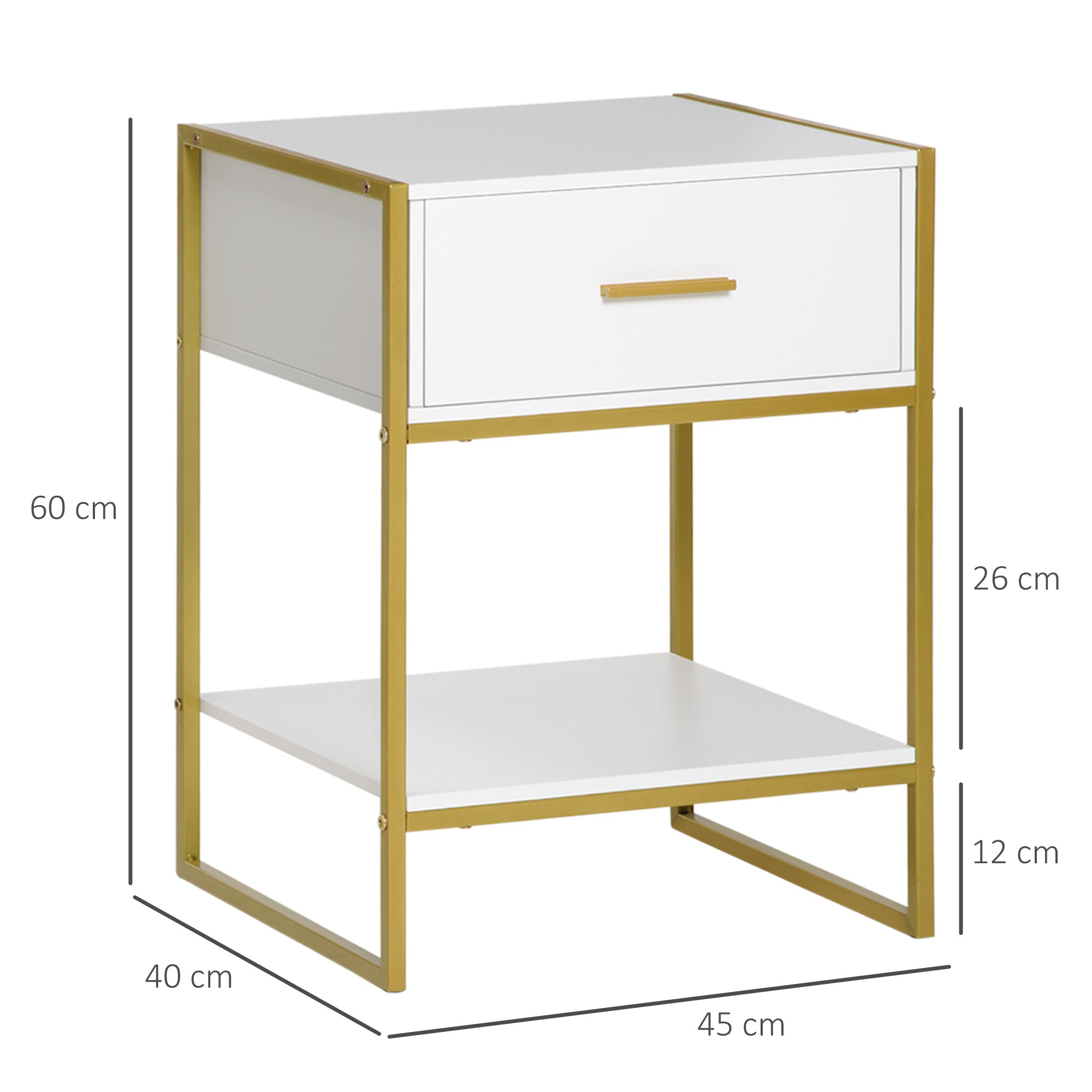 HOMCOM Modern Bedside Table, Nightstand with Drawer Shelf, Side Table for Living room, Bedroom White and Gold, Set of 2